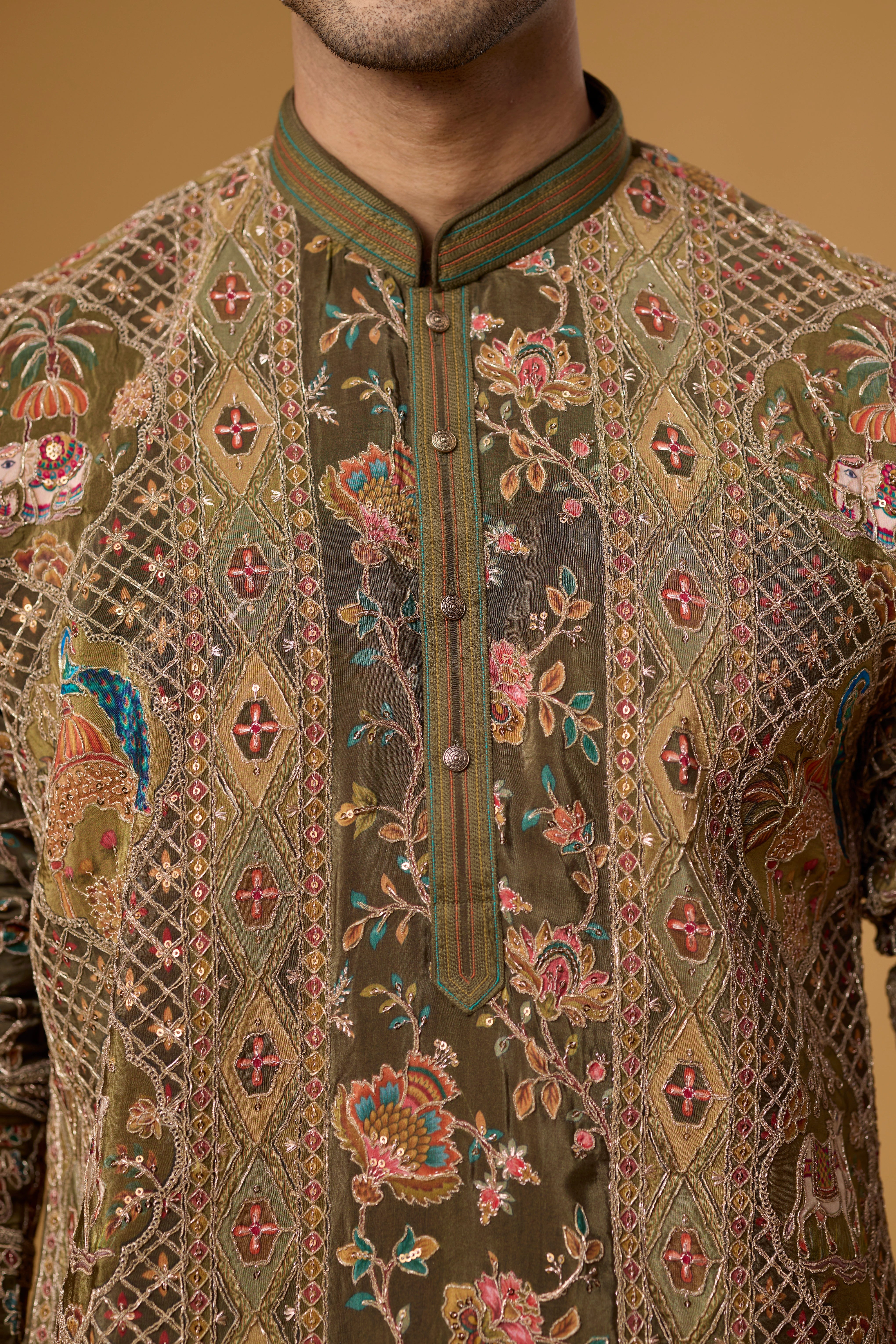 Olive Heritage Peacock Motif Kurta Set