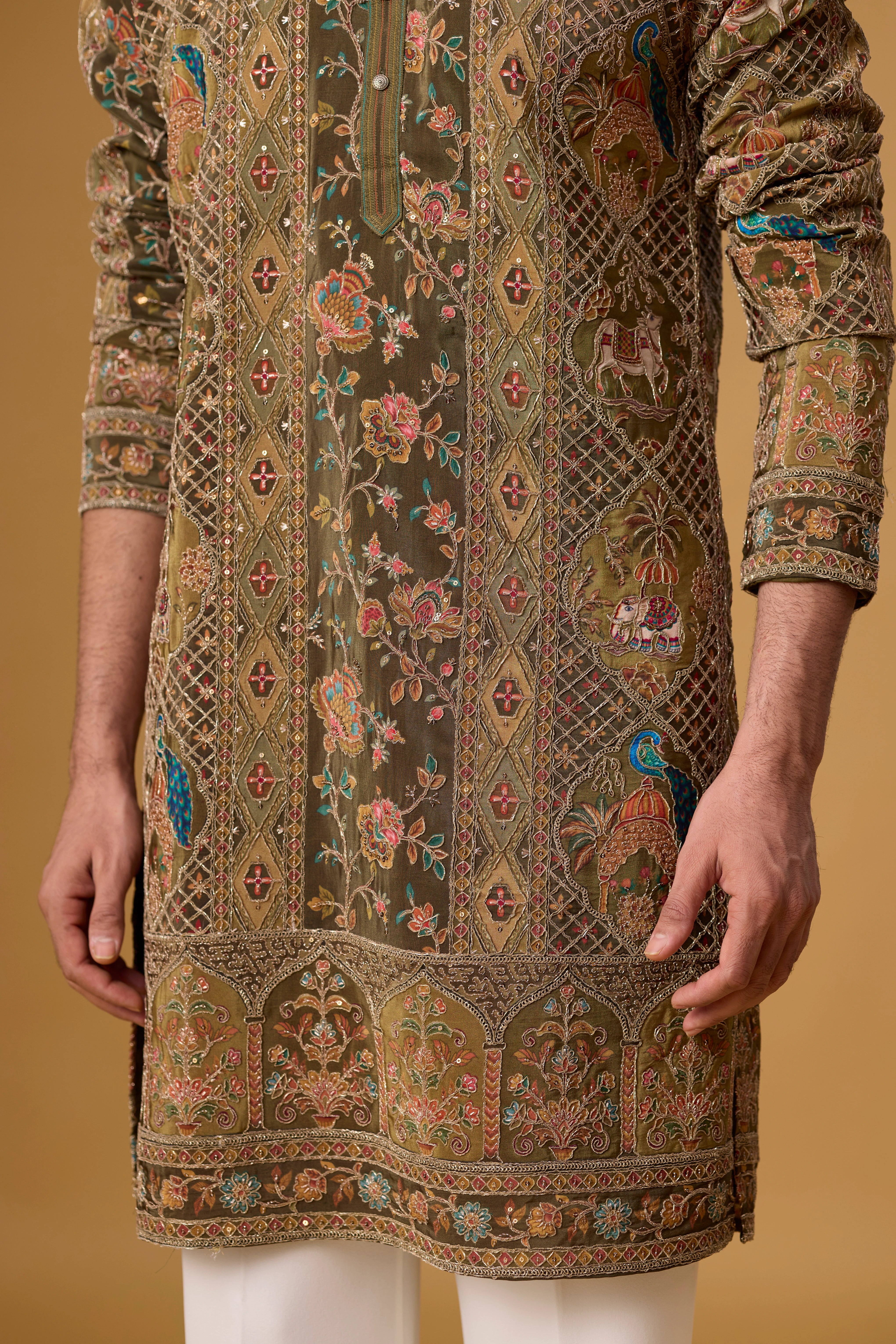 Olive Heritage Peacock Motif Kurta Set