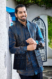 Royal Blue Open Jacket Kurta Set with Metallic Detailing