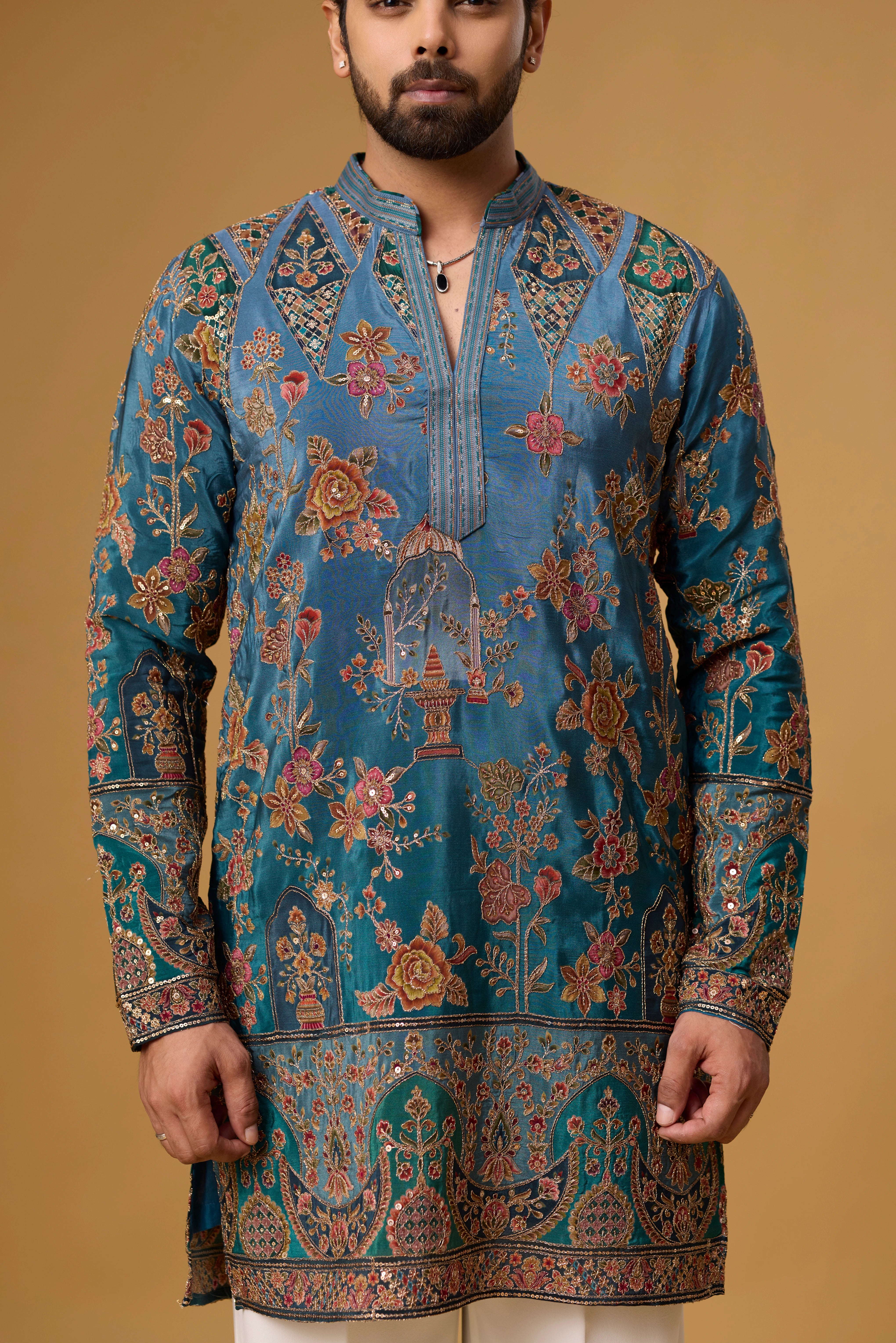 Regal Teal Floral Heritage Embroidered Kurta Set