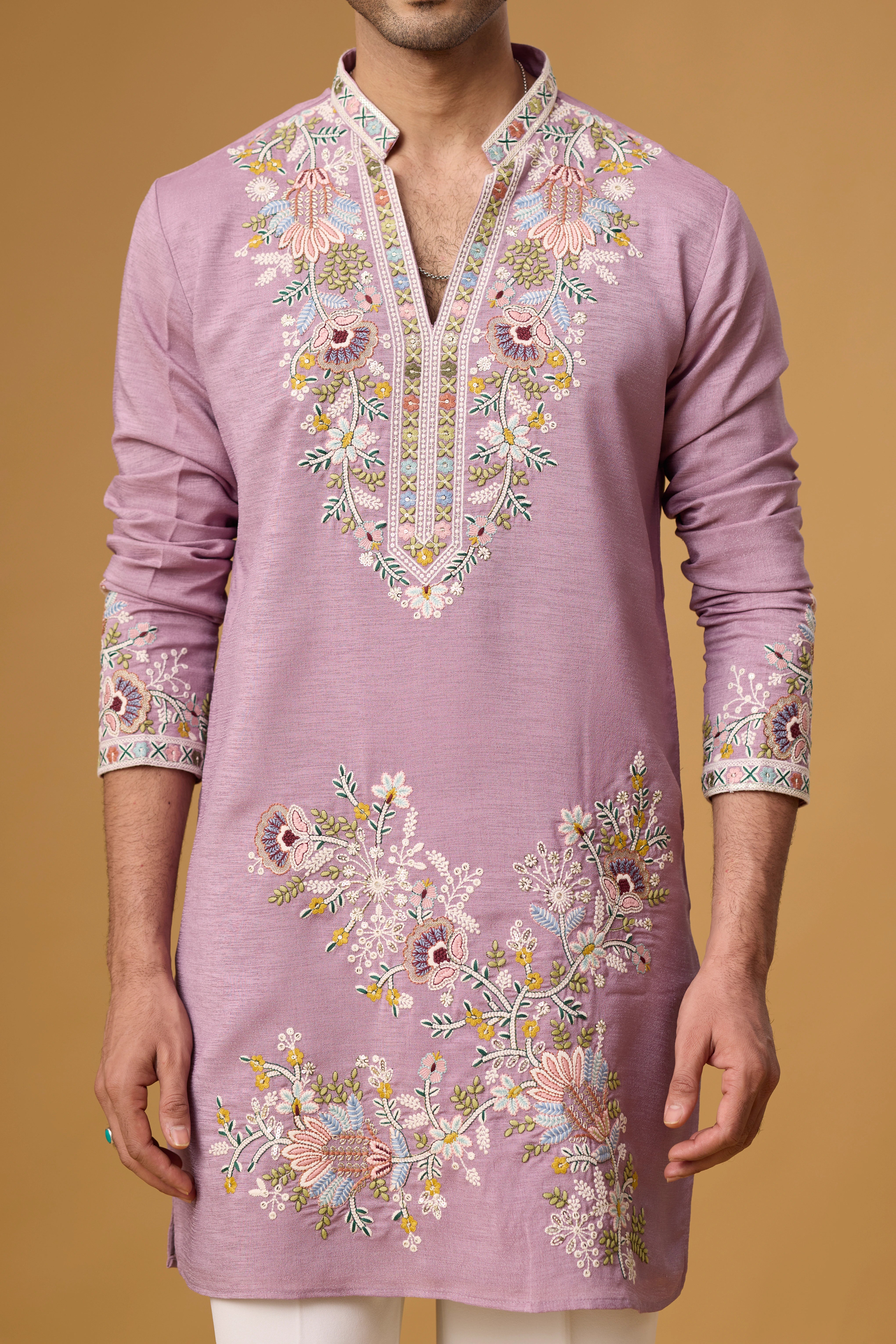 Lavender Heritage Floral Embroidered Kurta Set