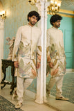 Natural Shade Linen Leaf Print Jacket Kurta Set