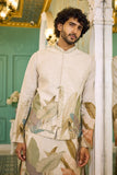 Natural Shade Linen Leaf Print Jacket Kurta Set
