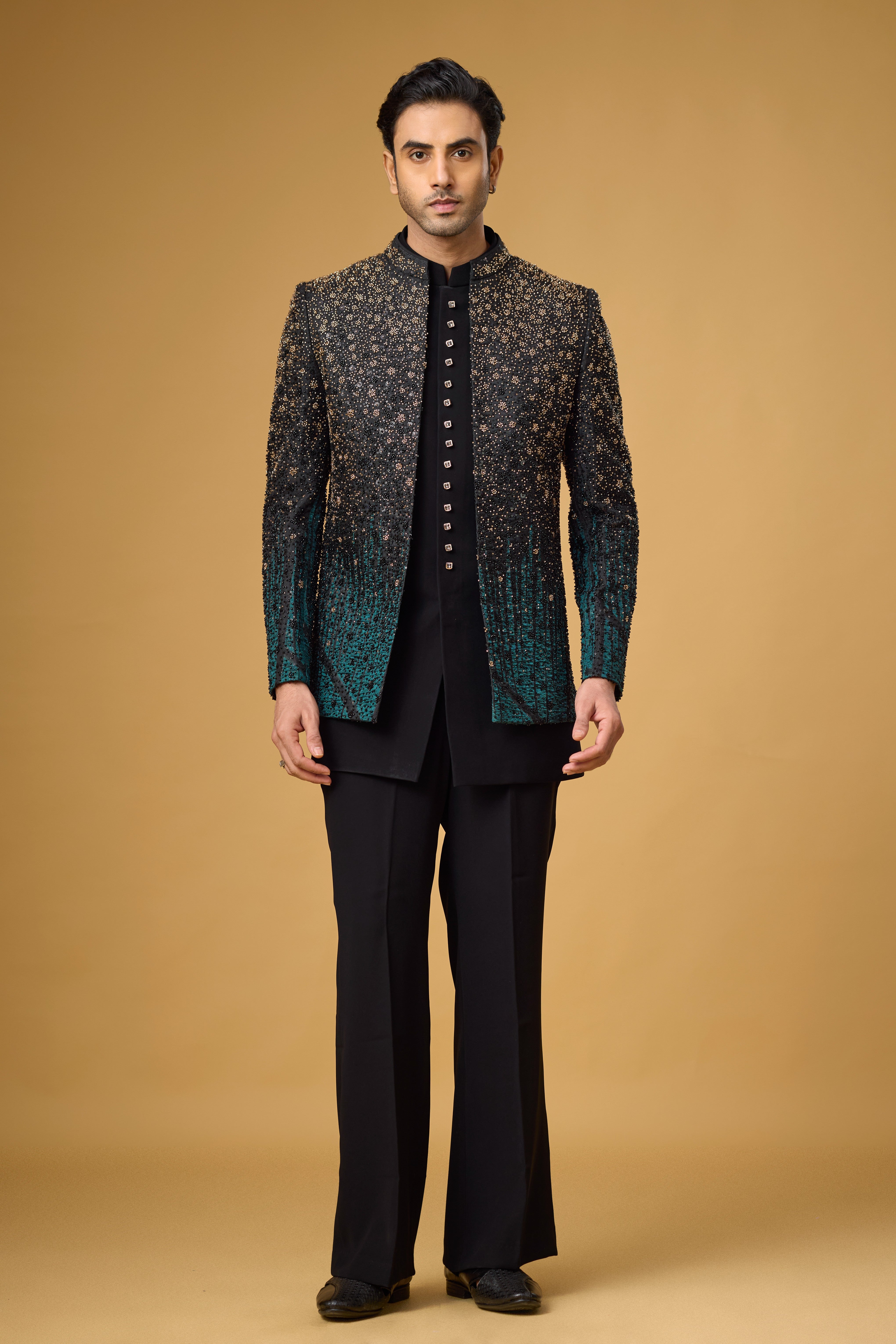 Midnight Teal Shimmer Embellished Indo-Western Ensemble