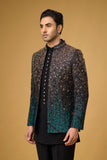 Midnight Teal Shimmer Embellished Indo-Western Ensemble
