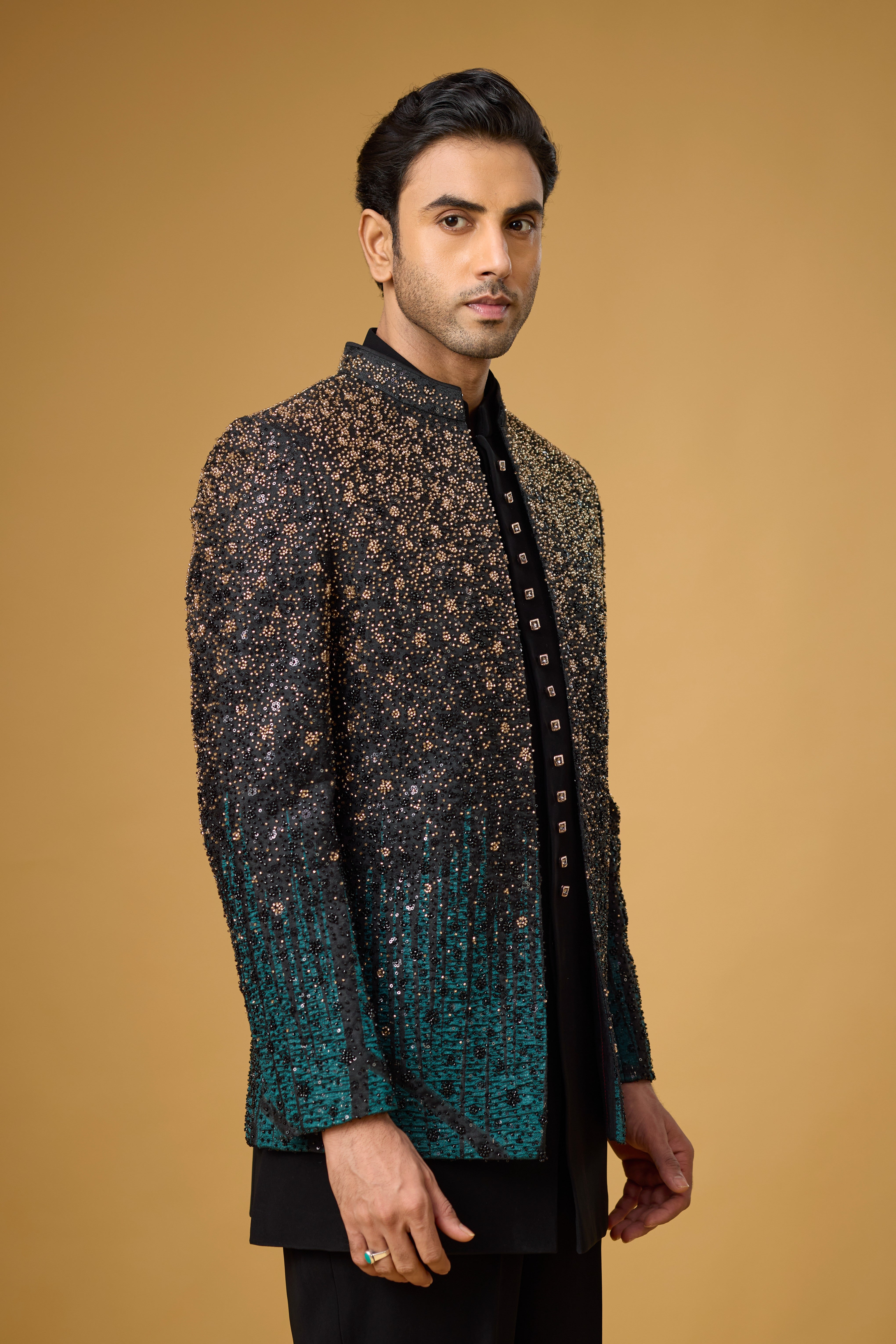 Midnight Teal Shimmer Embellished Indo-Western Ensemble