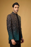 Midnight Teal Shimmer Embellished Indo-Western Ensemble
