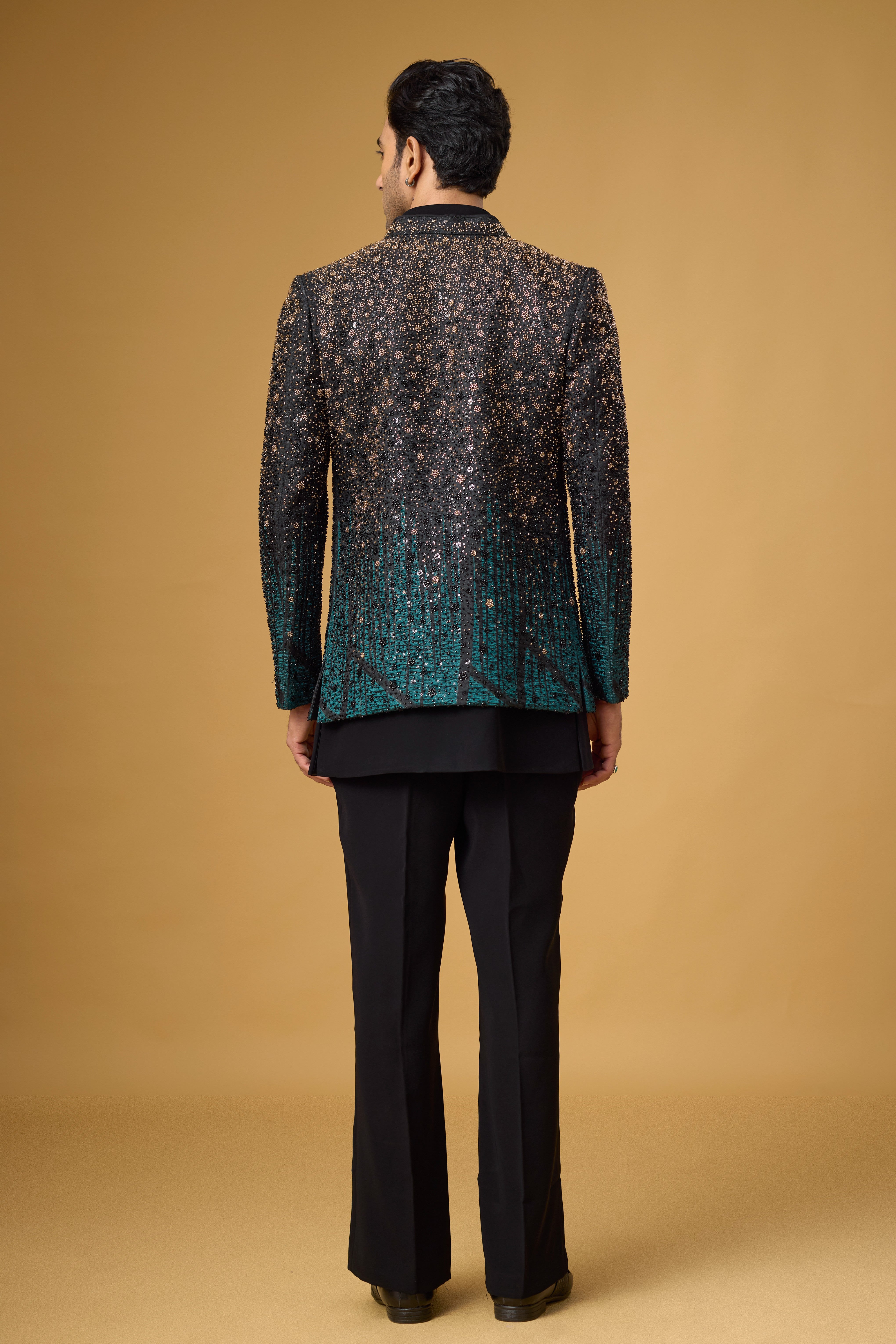 Midnight Teal Shimmer Embellished Indo-Western Ensemble