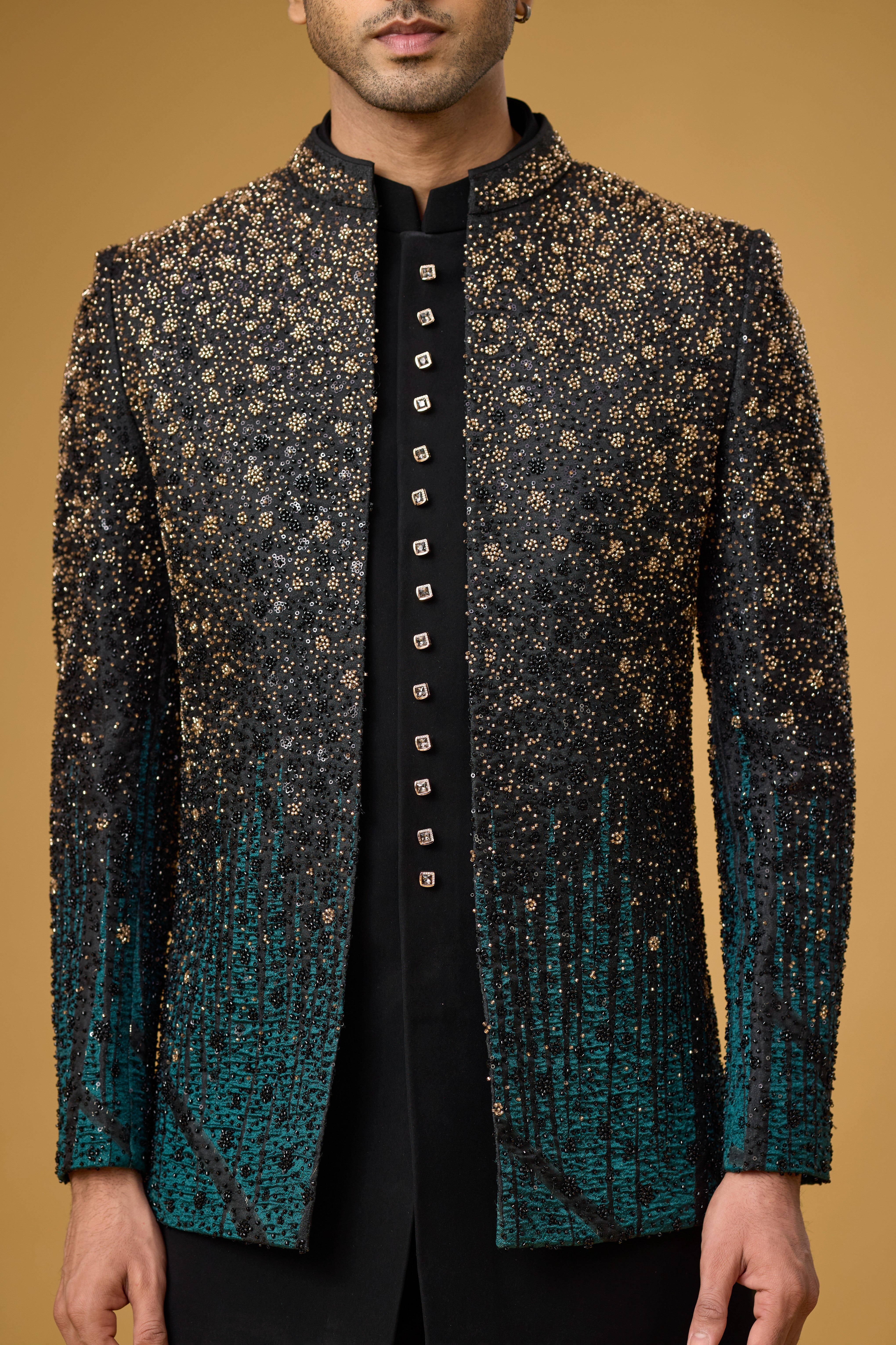 Midnight Teal Shimmer Embellished Indo-Western Ensemble