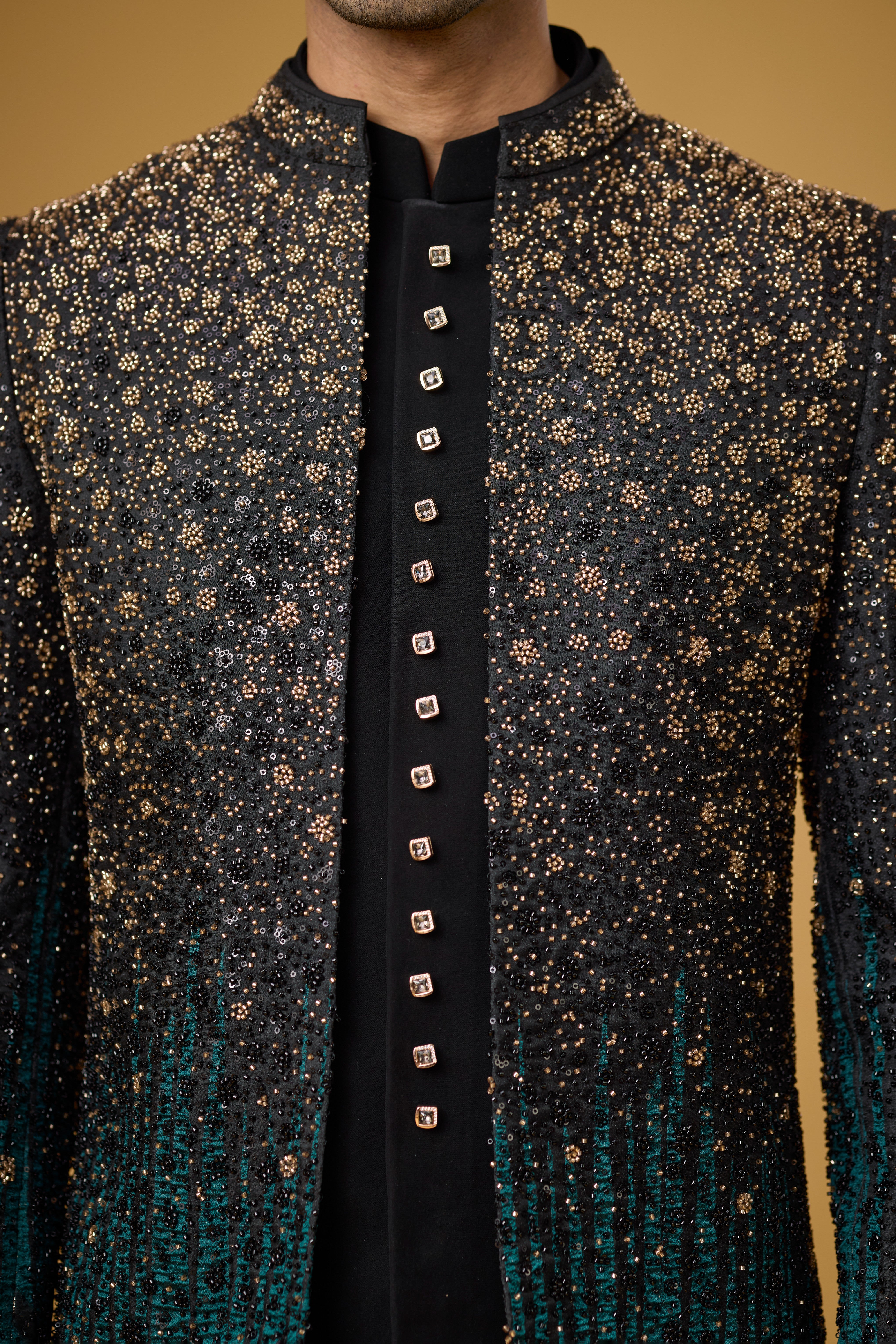 Midnight Teal Shimmer Embellished Indo-Western Ensemble