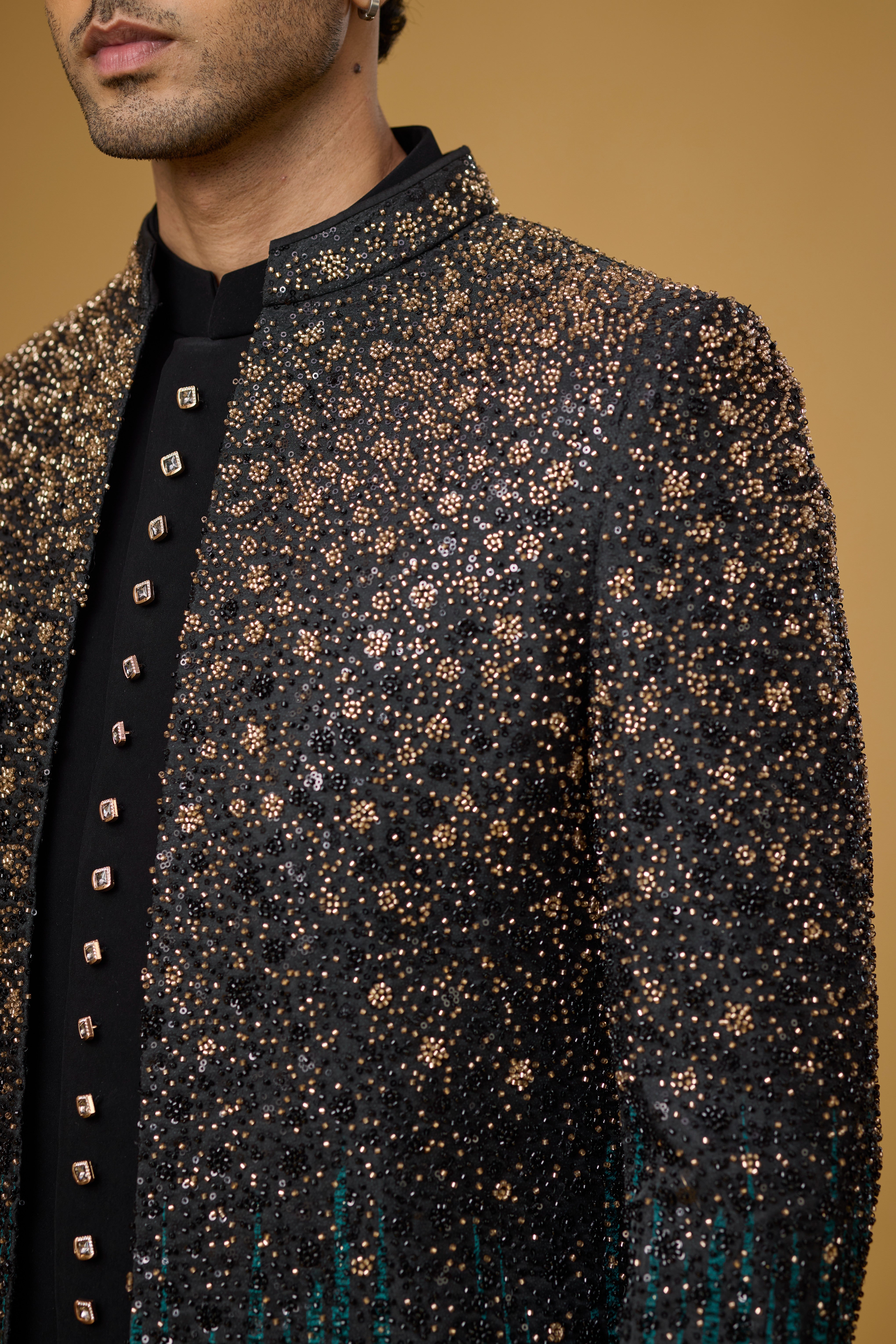 Midnight Teal Shimmer Embellished Indo-Western Ensemble