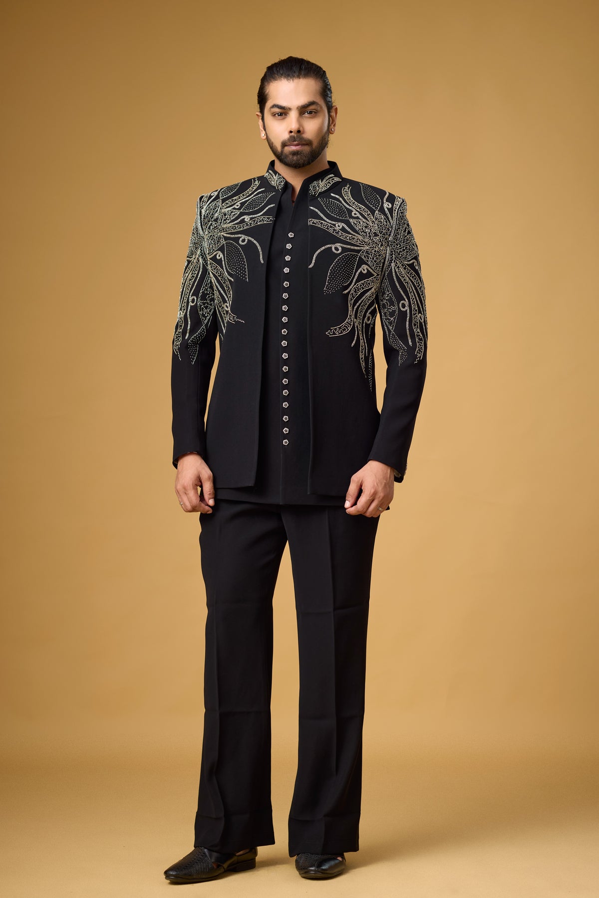 Midnight Noir Ornate Vine Embroidered Indo-Western Ensemble