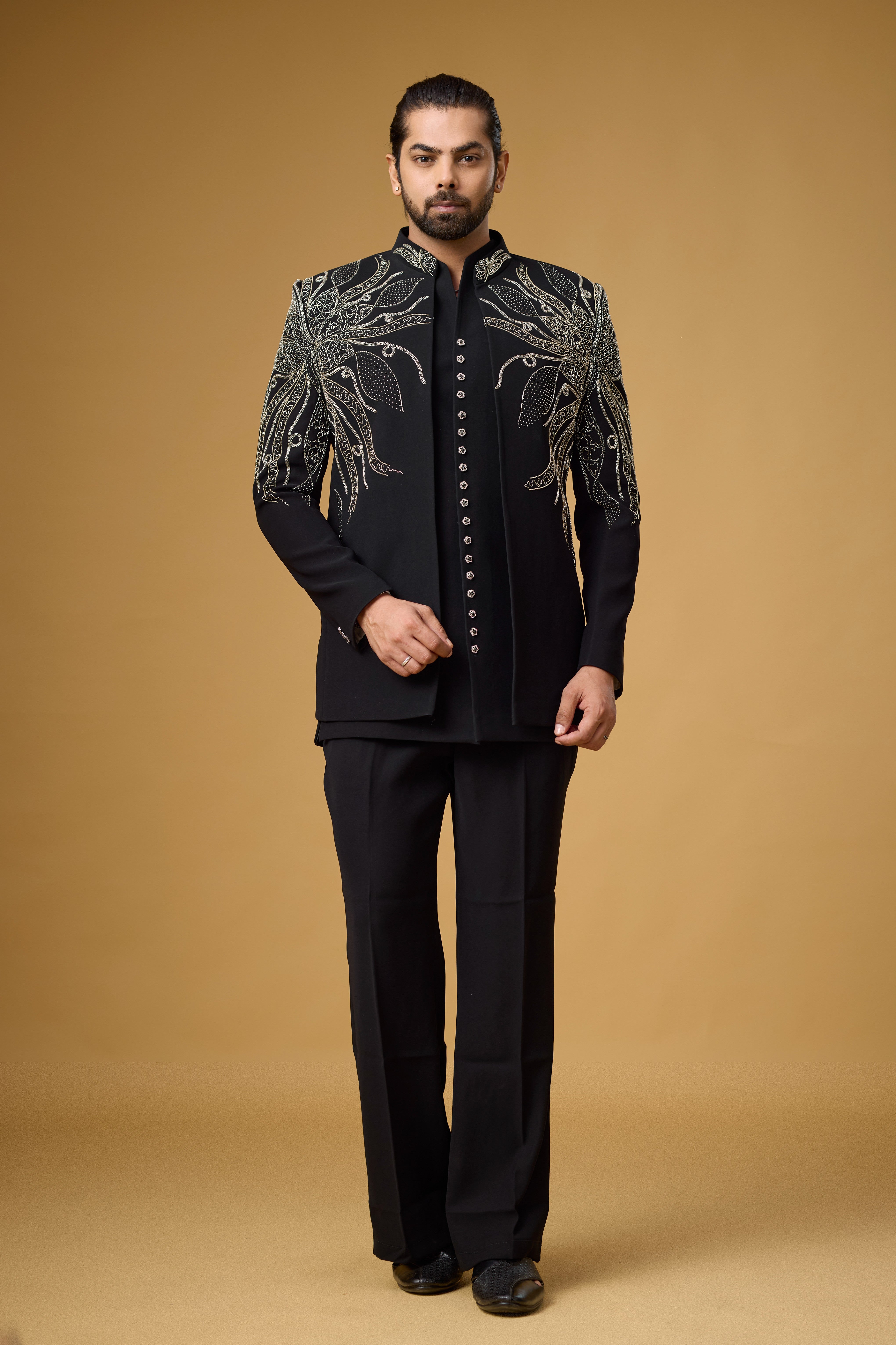 Midnight Noir Ornate Vine Embroidered Indo-Western Ensemble