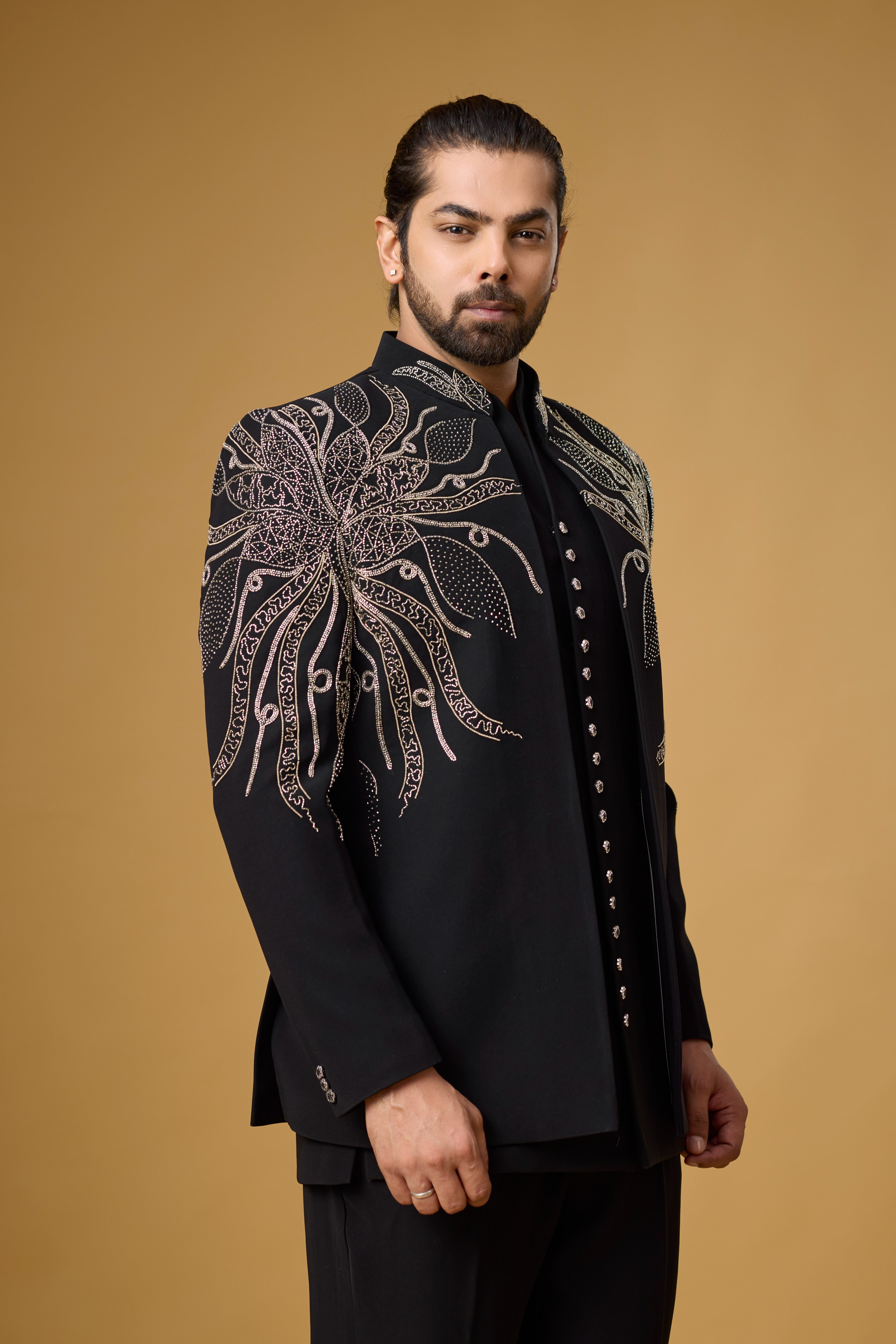 Midnight Noir Ornate Vine Embroidered Indo-Western Ensemble
