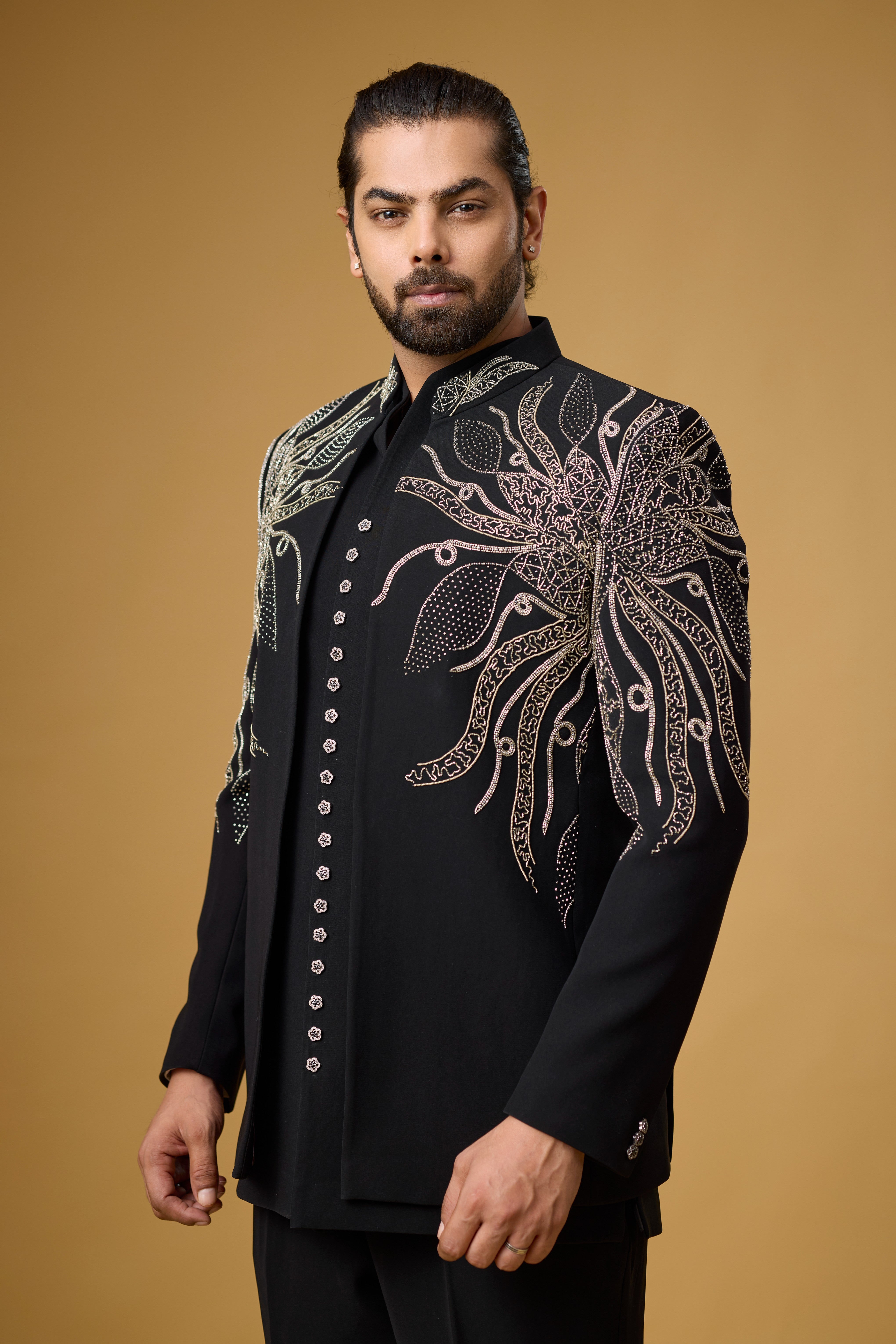 Midnight Noir Ornate Vine Embroidered Indo-Western Ensemble