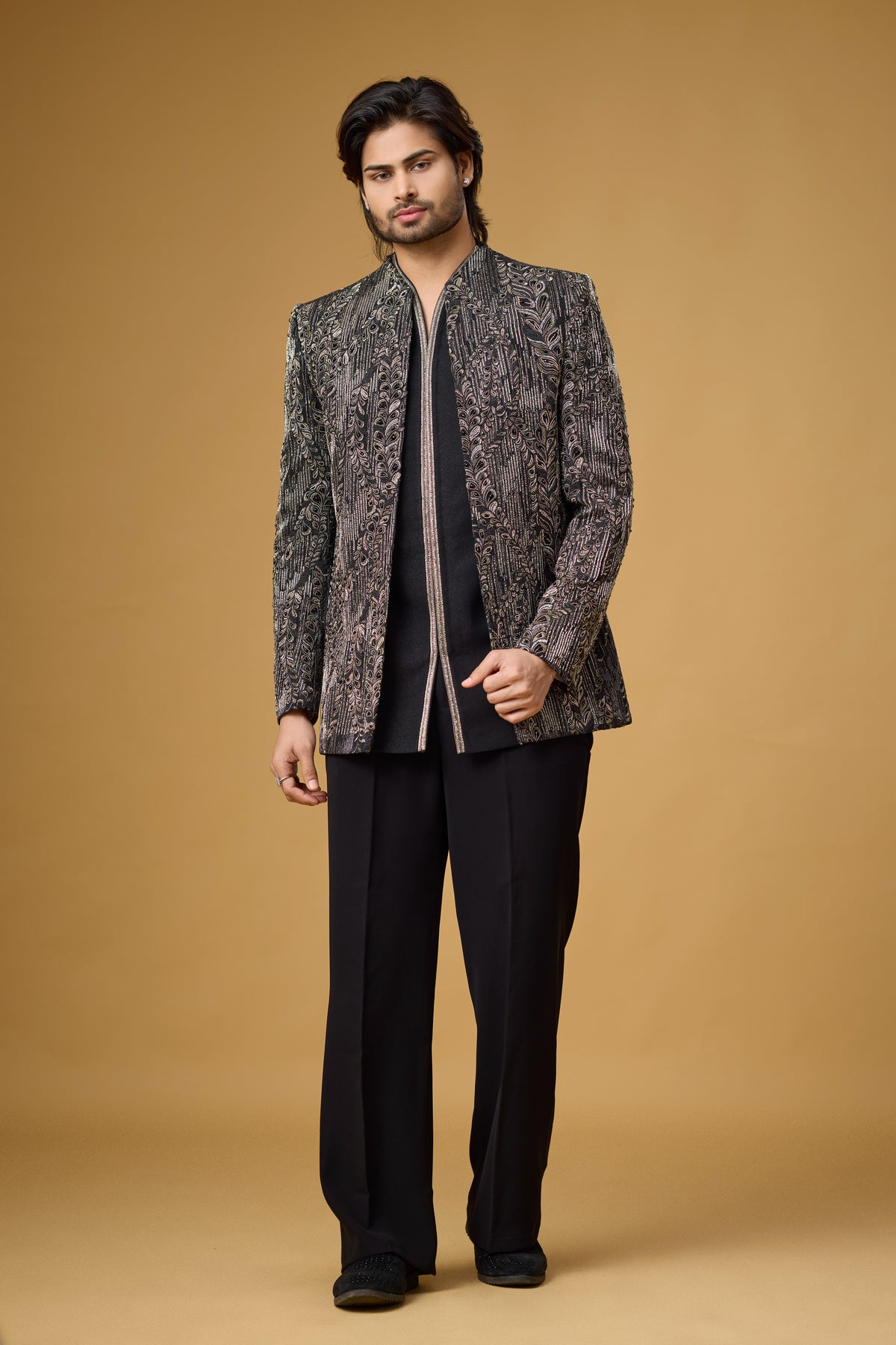 Midnight Noir Antique Jacquard Indo-Western Ensemble
