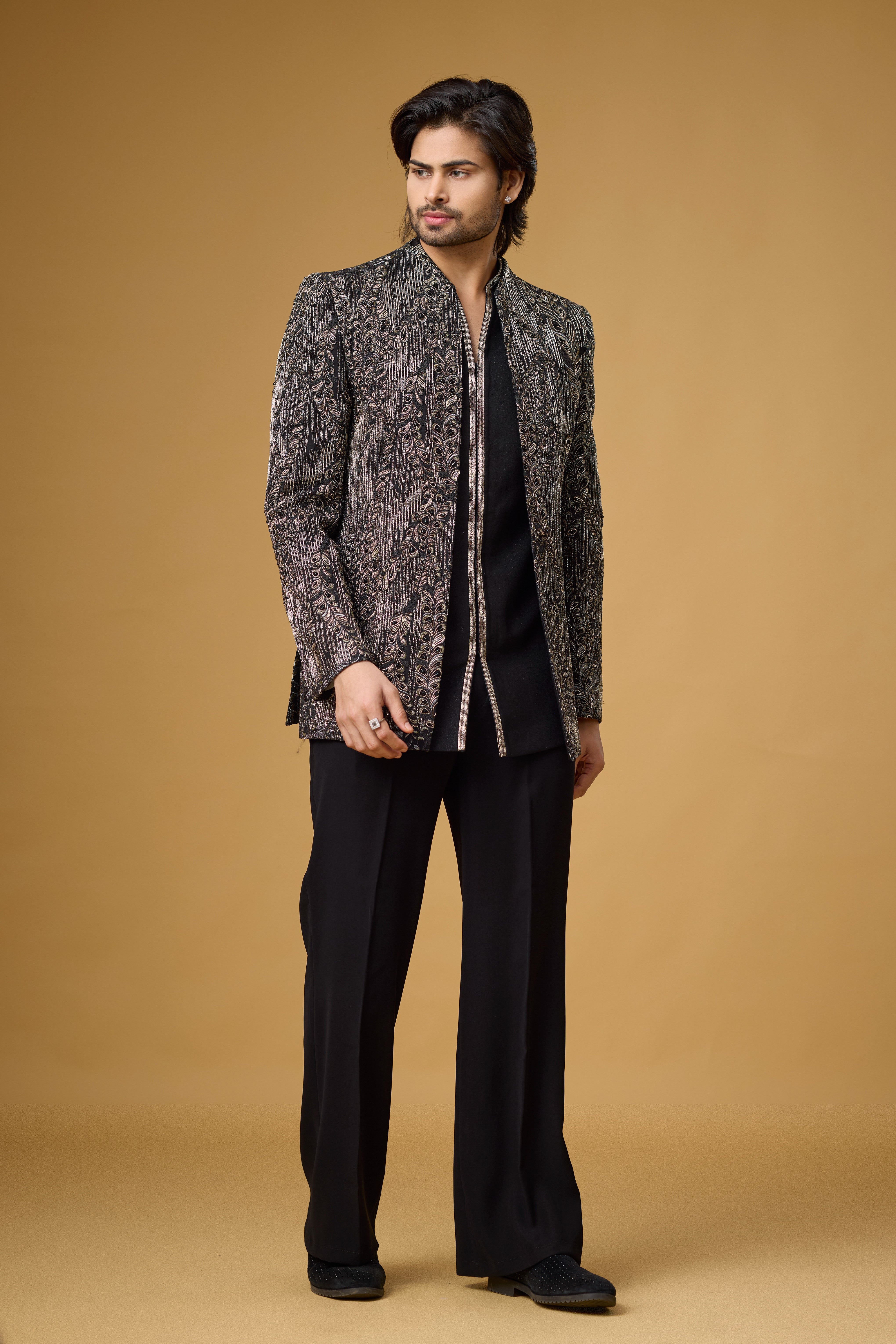 Midnight Noir Antique Jacquard Indo-Western Ensemble