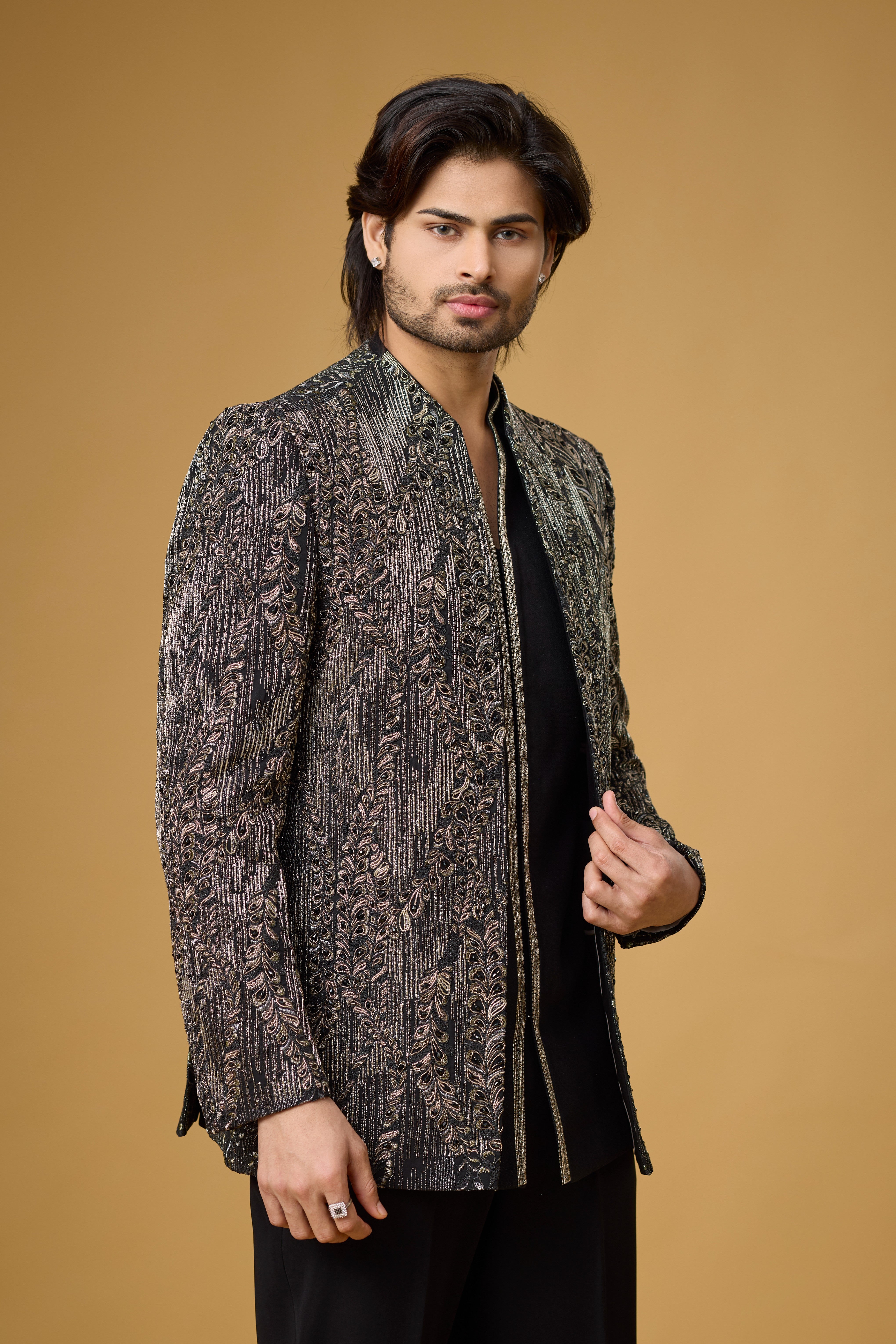 Midnight Noir Antique Jacquard Indo-Western Ensemble