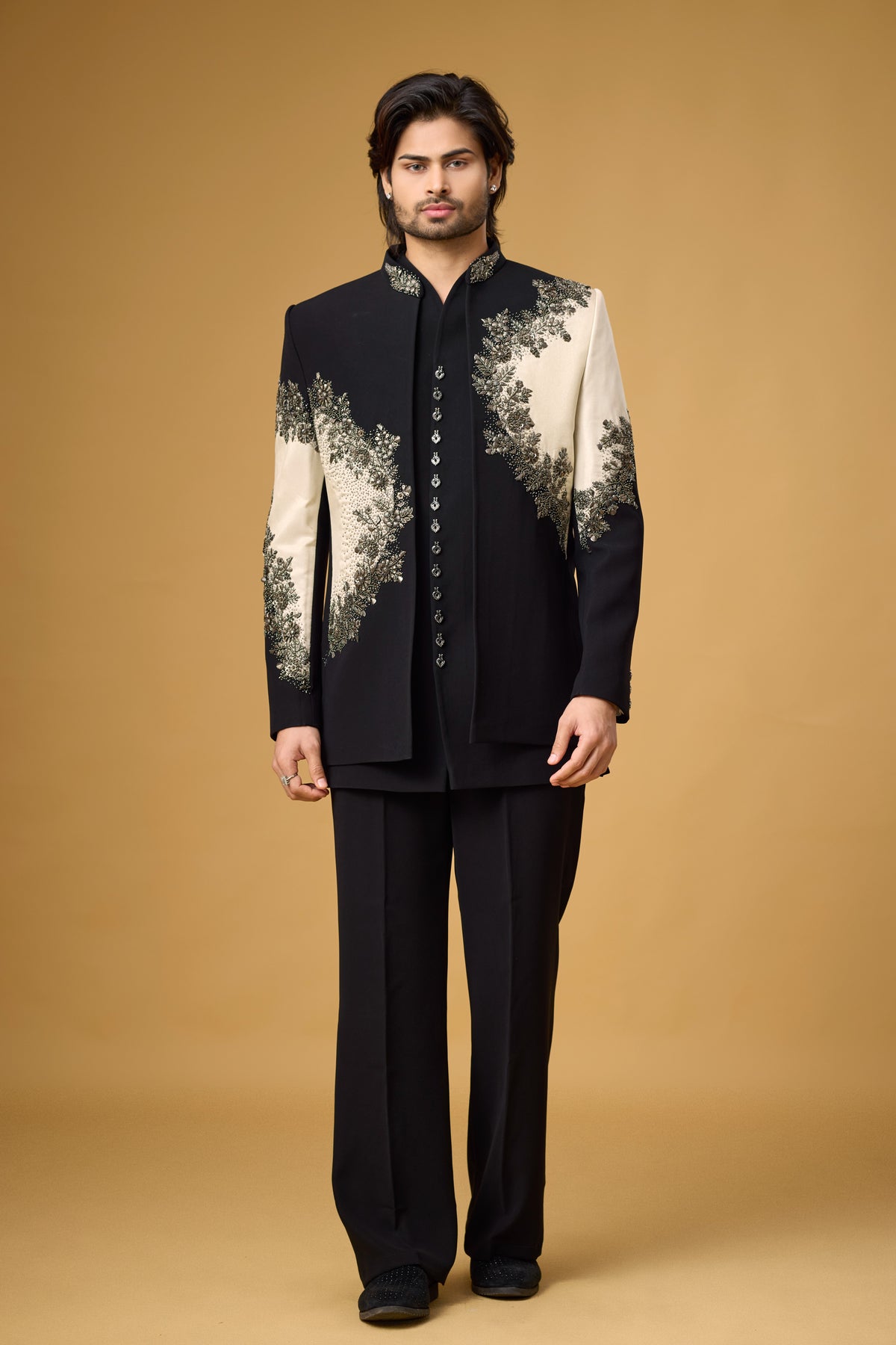 Midnight Noir Ivory Bloom Embroidered Indo-Western Ensemble