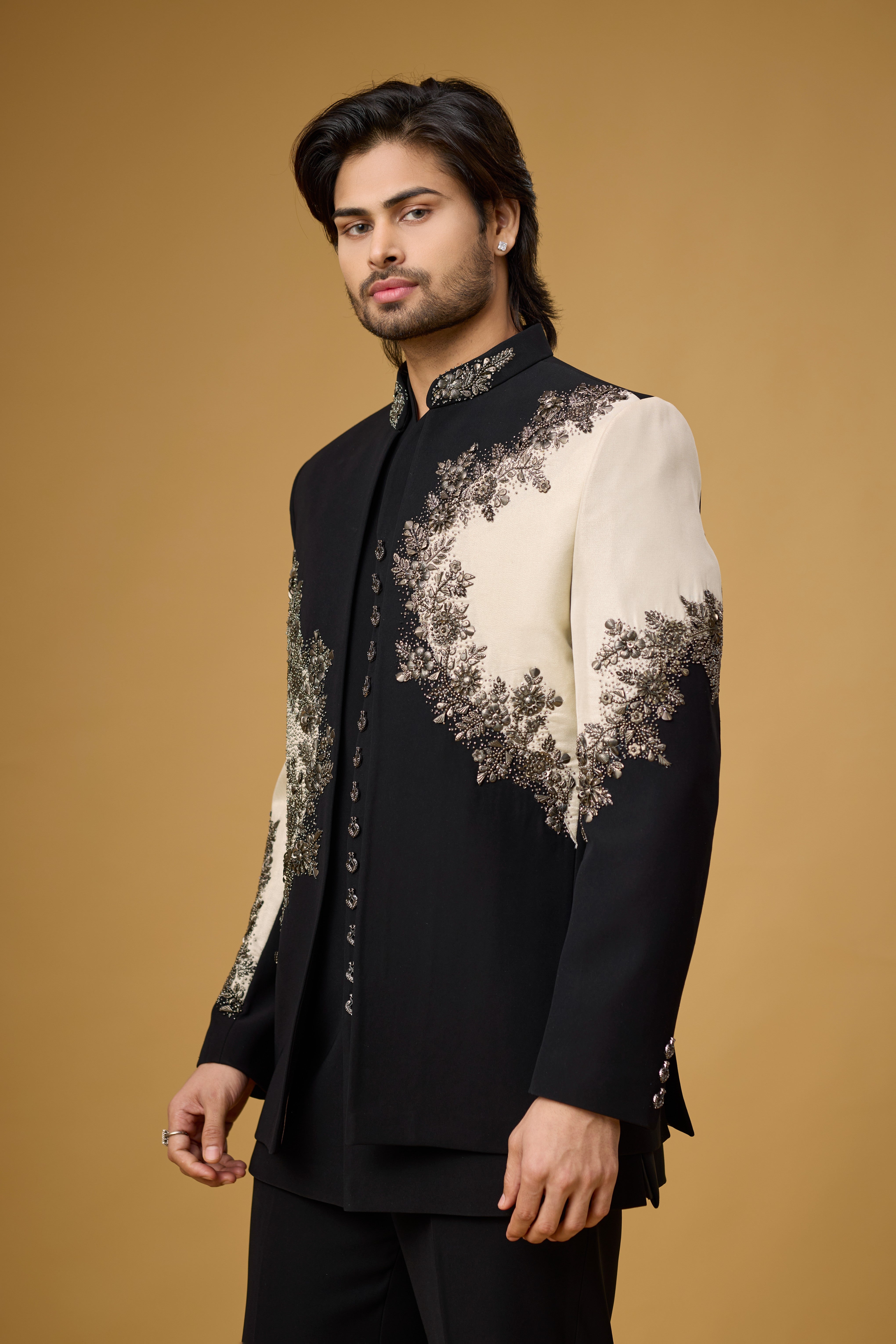 Midnight Noir Ivory Bloom Embroidered Indo-Western Ensemble