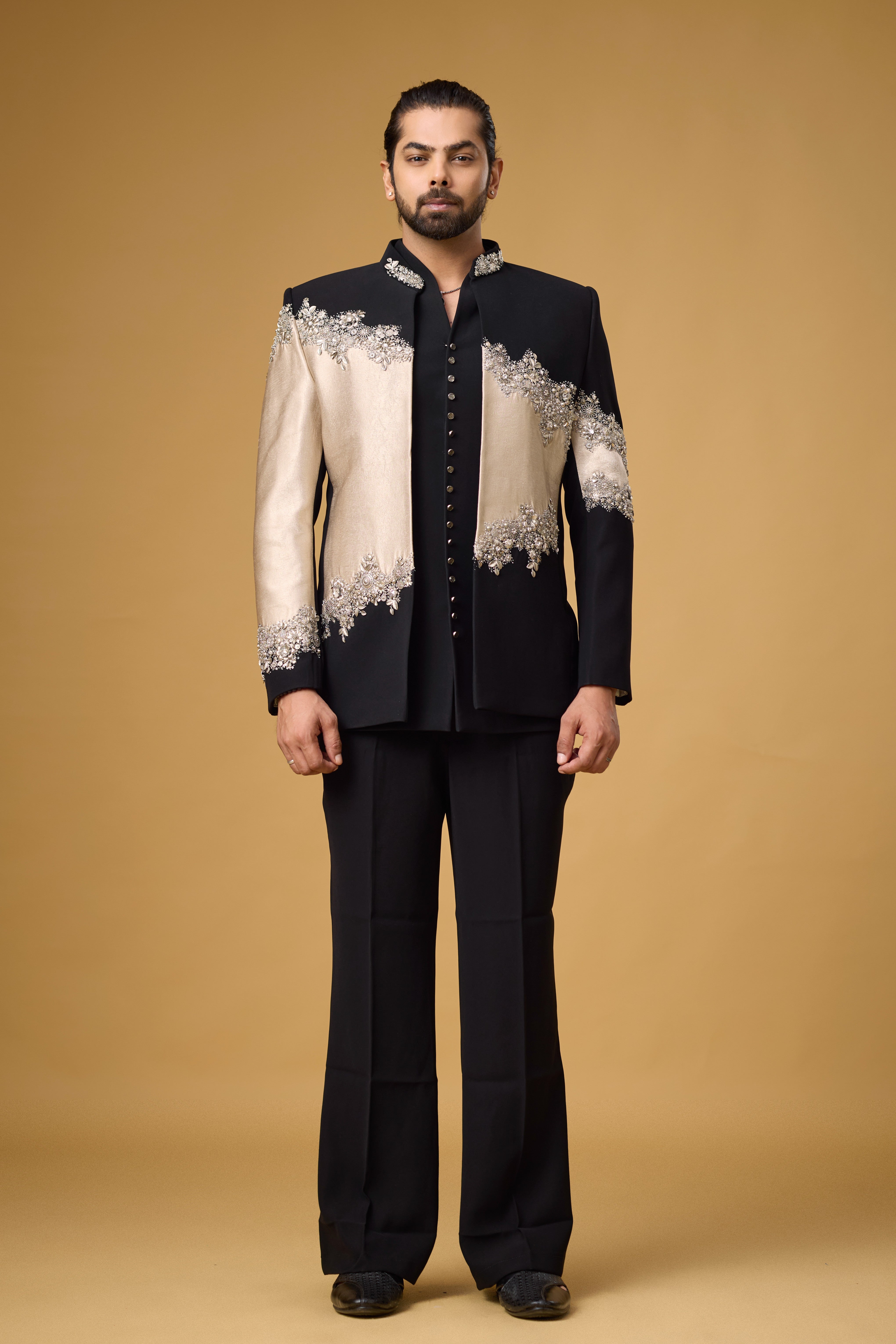 Midnight Noir Champagne Cascade Embellished Indo-Western Ensemble
