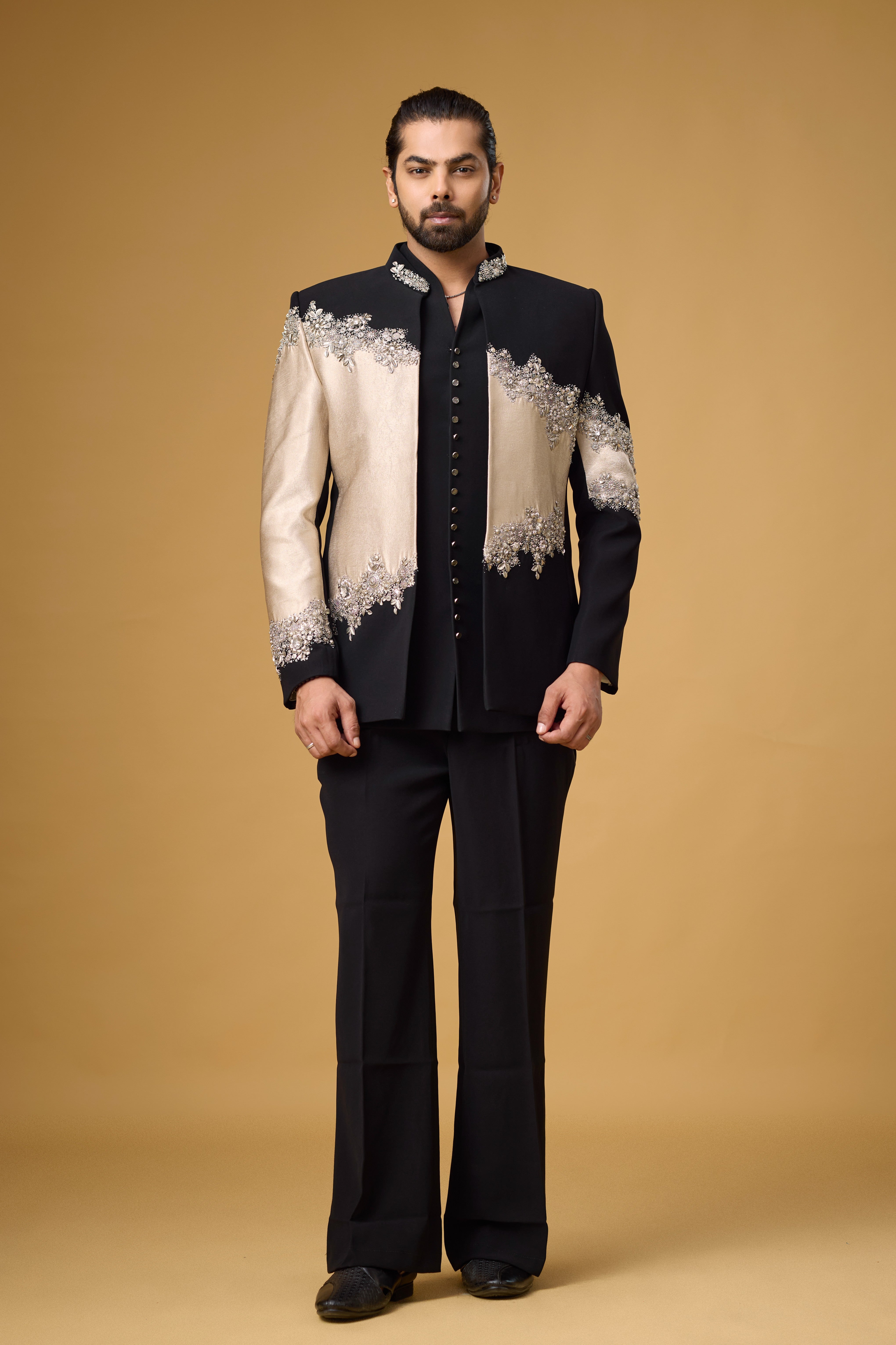 Midnight Noir Champagne Cascade Embellished Indo-Western Ensemble