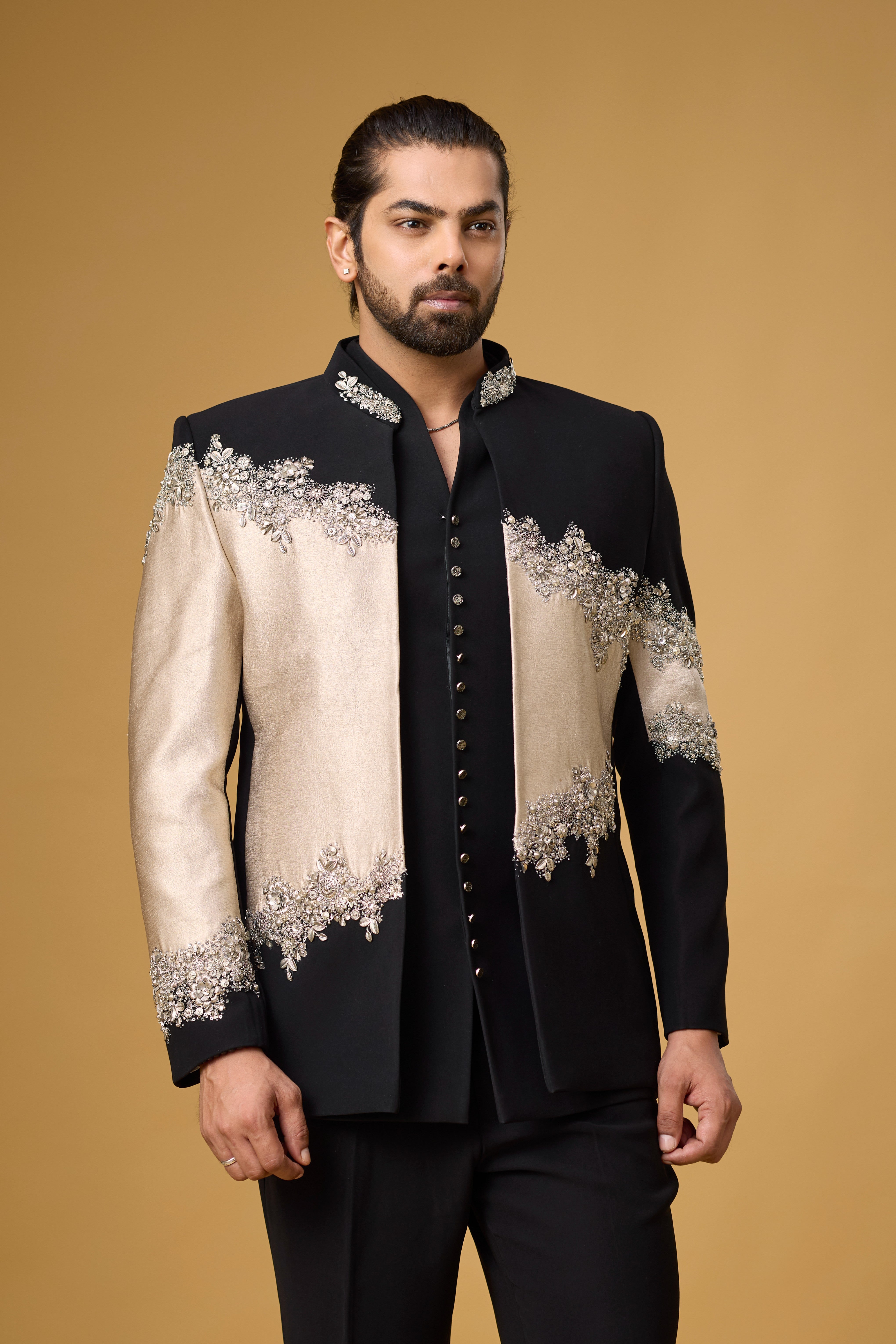 Midnight Noir Champagne Cascade Embellished Indo-Western Ensemble