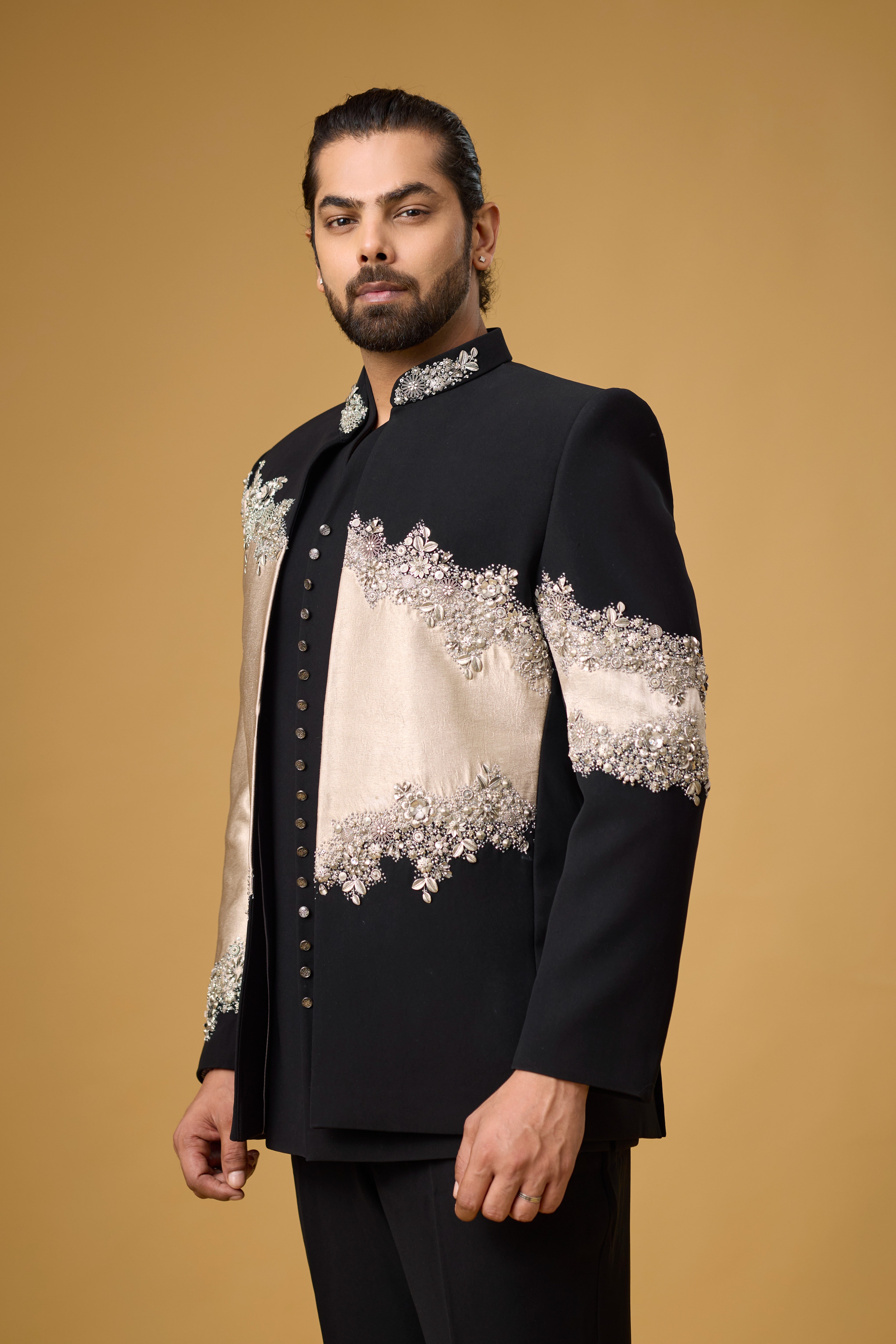 Midnight Noir Champagne Cascade Embellished Indo-Western Ensemble