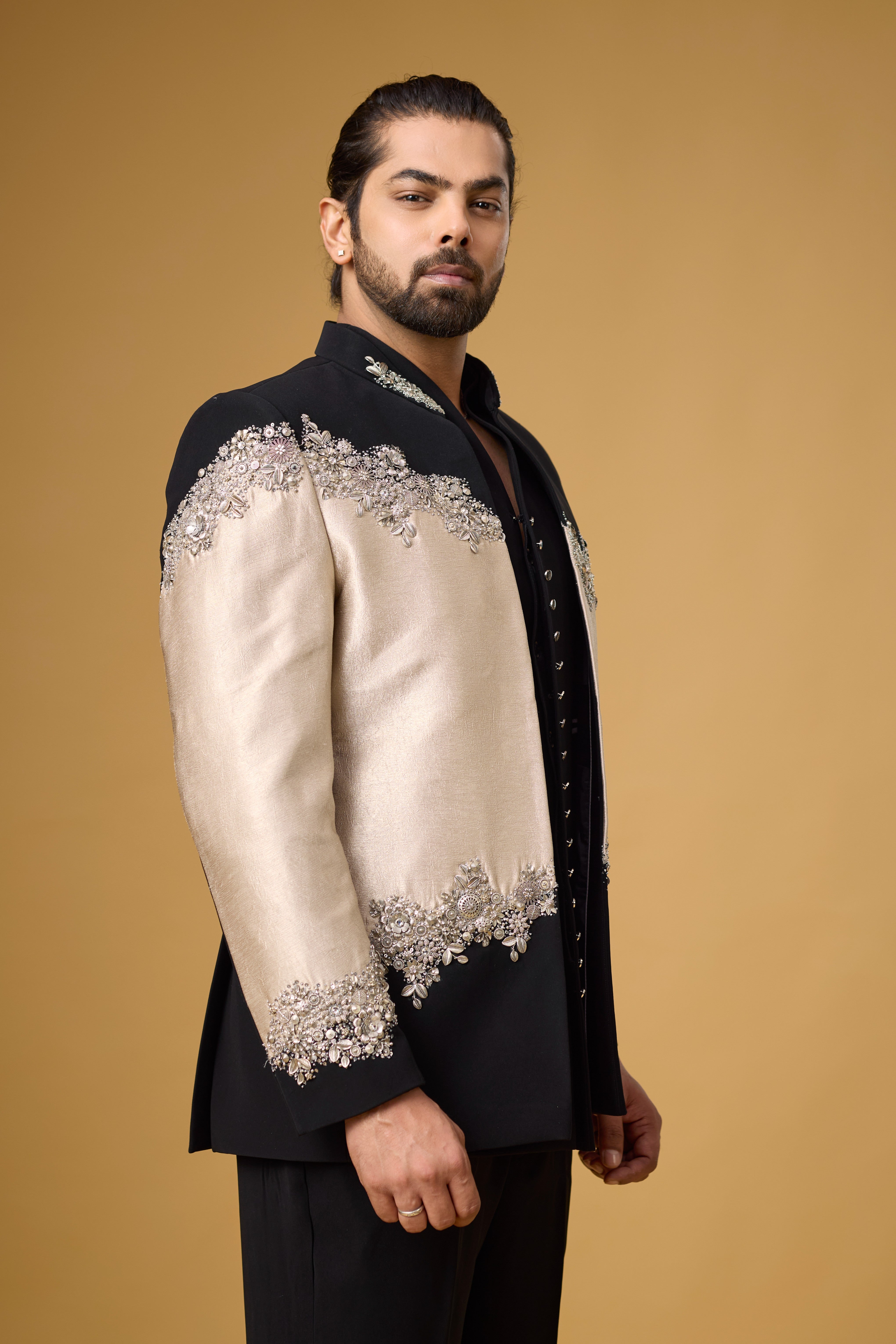 Midnight Noir Champagne Cascade Embellished Indo-Western Ensemble