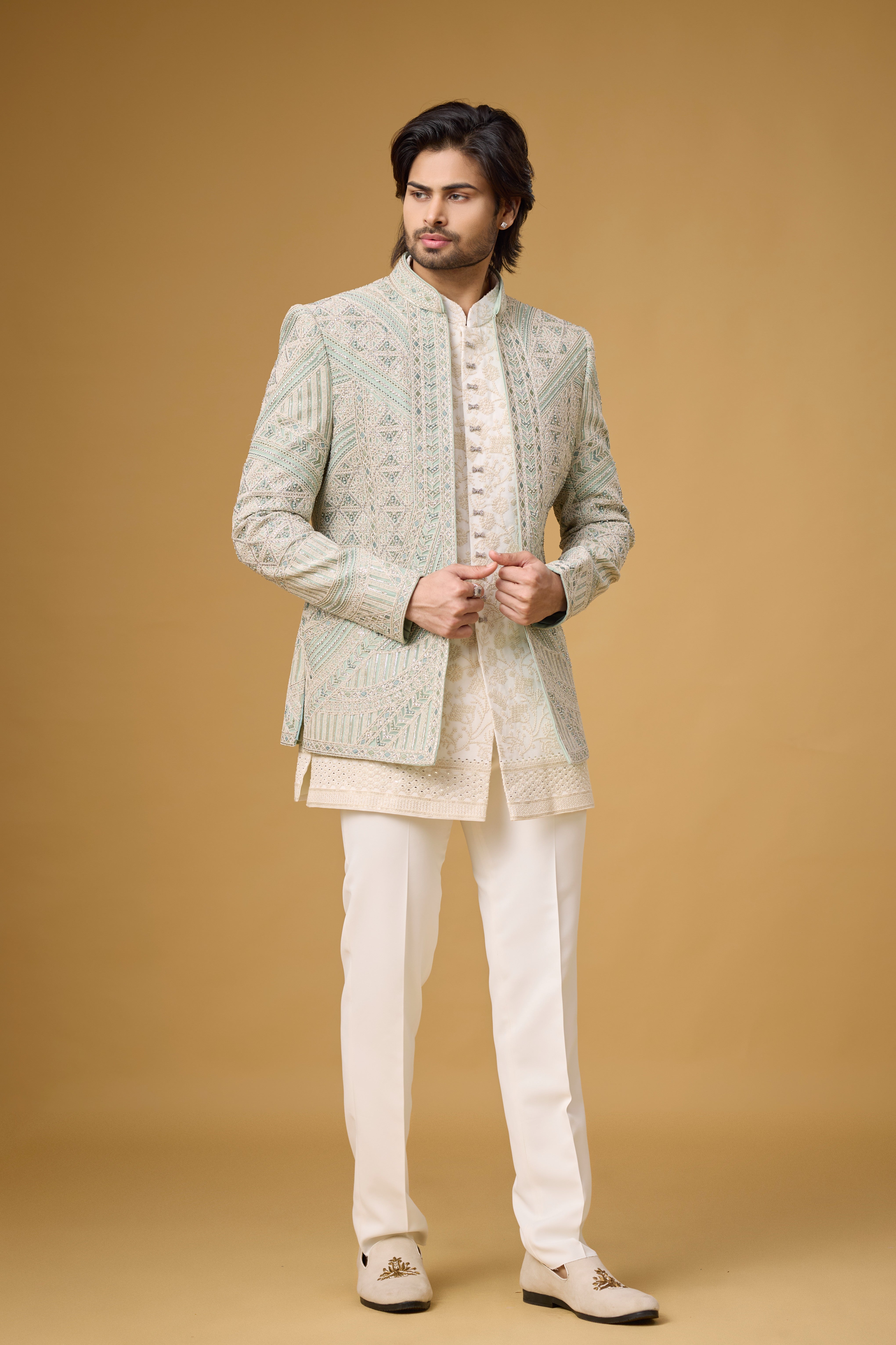 Ivory Royale Geometric Embroidered Indo-Western Ensemble