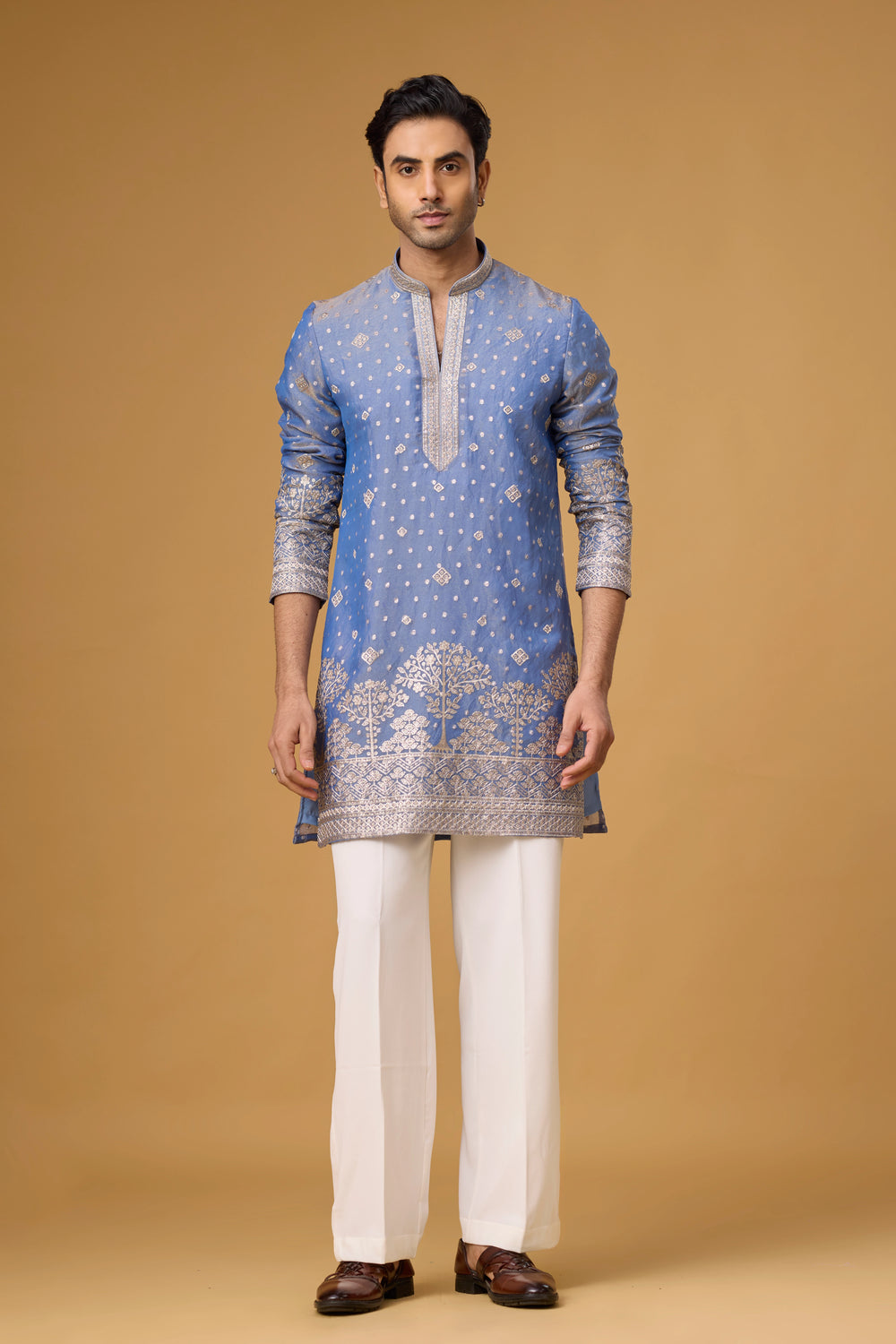 Regal Powder Blue Tree Motif Embroidered Kurta Set for Men | Mahavir NX
