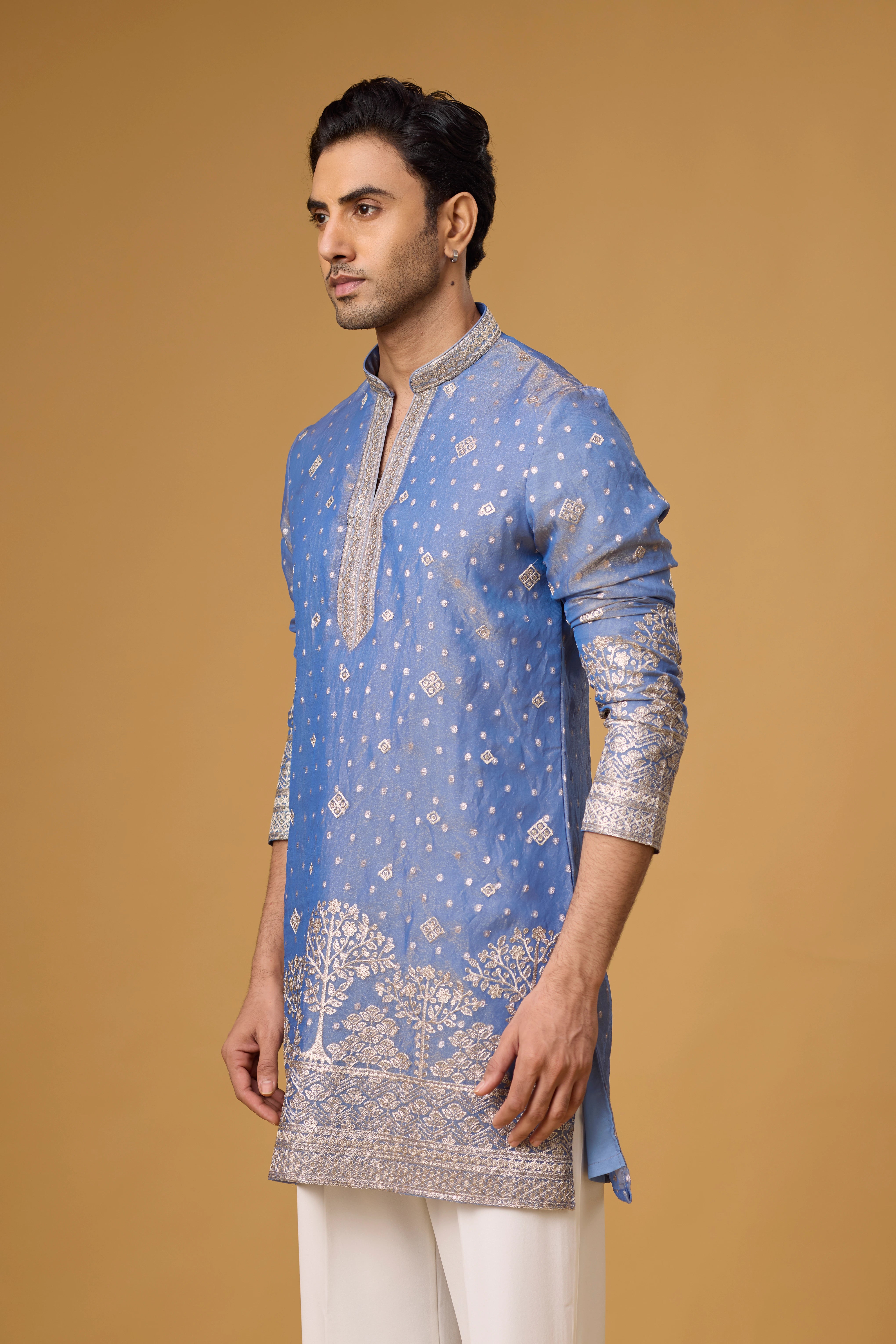 Powder Blue Tree Motif Kurta Set for Men – Wedding Wear | Mahavir NX