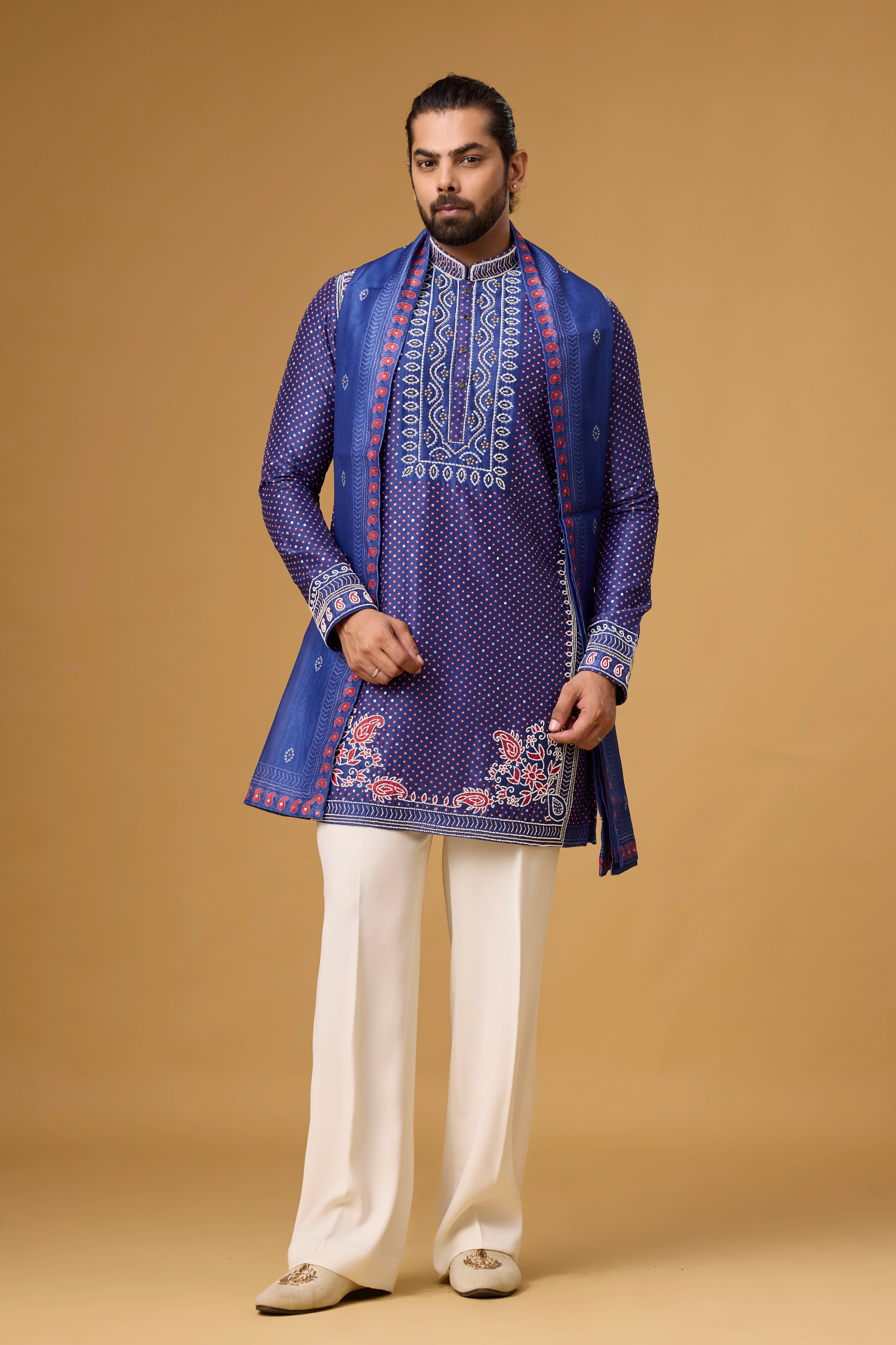 Blue Printed Kurta with Stole for Men – Wedding Ethnic Wear | Mahavir NX