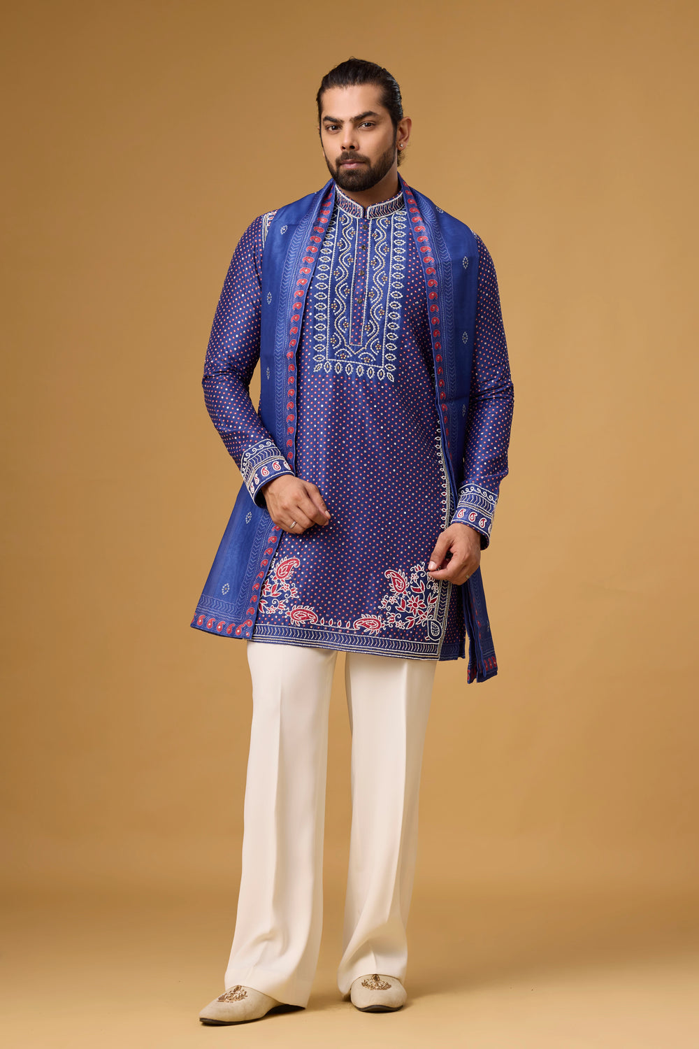 Blue Printed Kurta with Stole for Men – Wedding Ethnic Wear | Mahavir NX