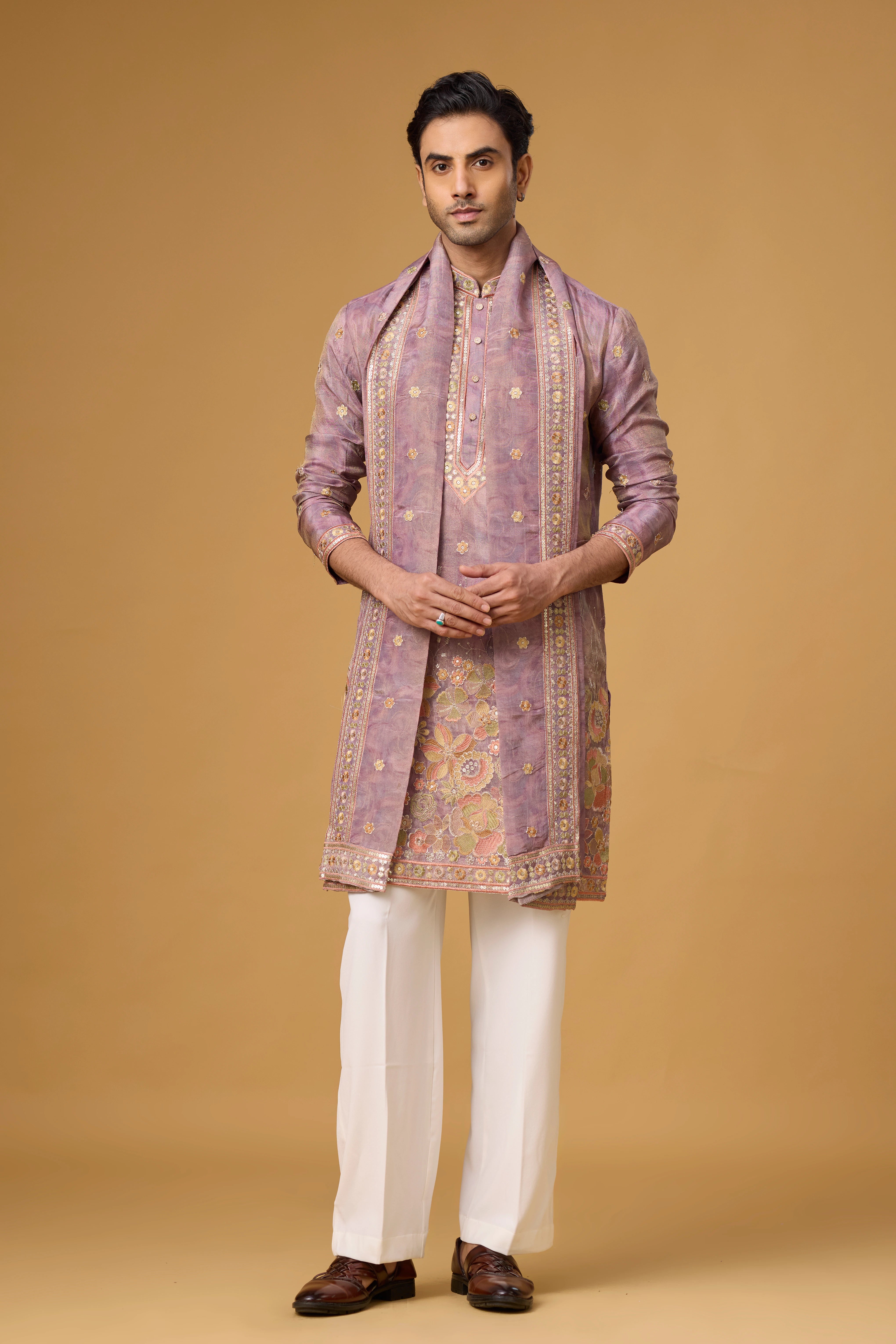 Mauve Regal Floral Embroidered Kurta with Stole