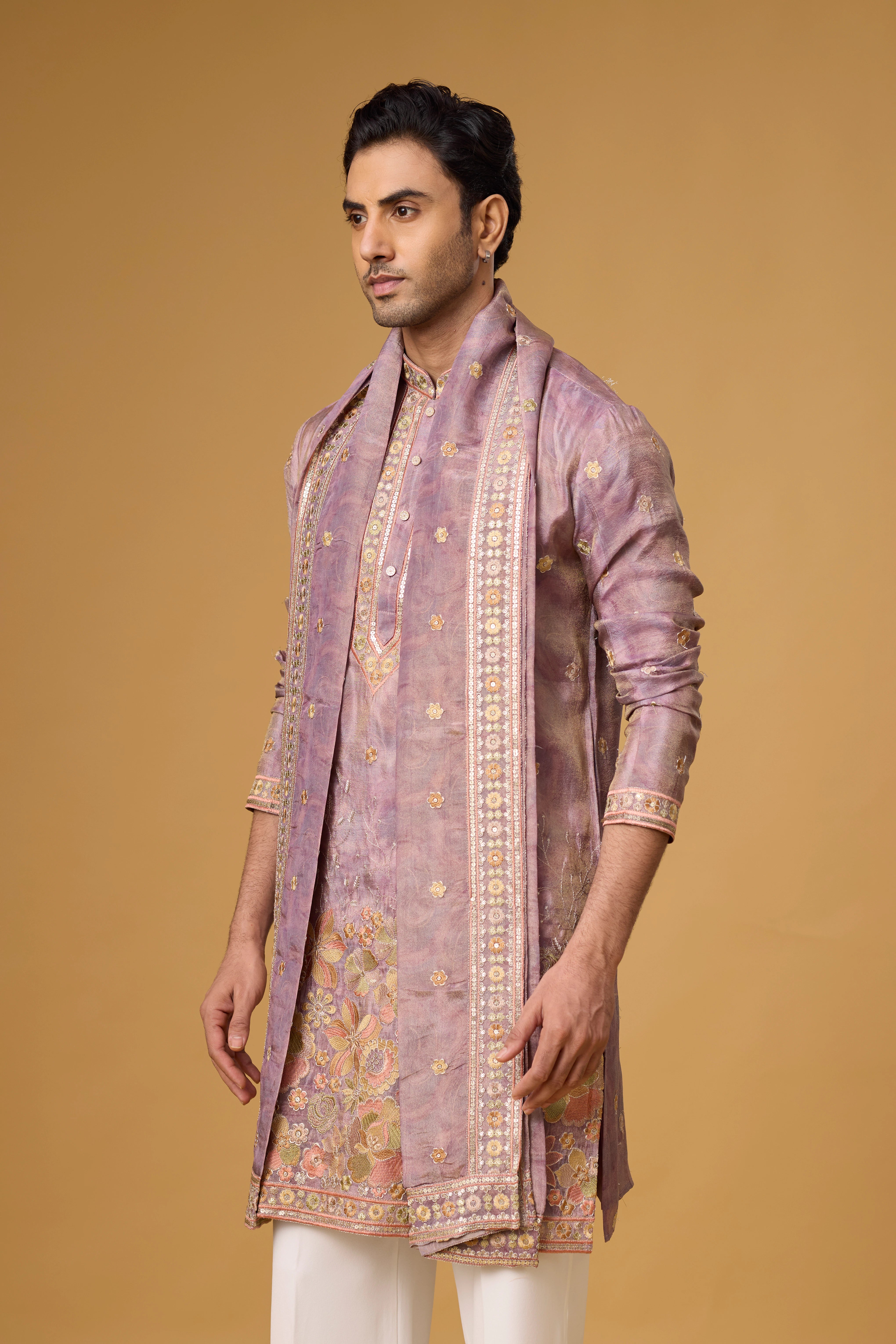 Mauve Regal Floral Embroidered Kurta with Stole