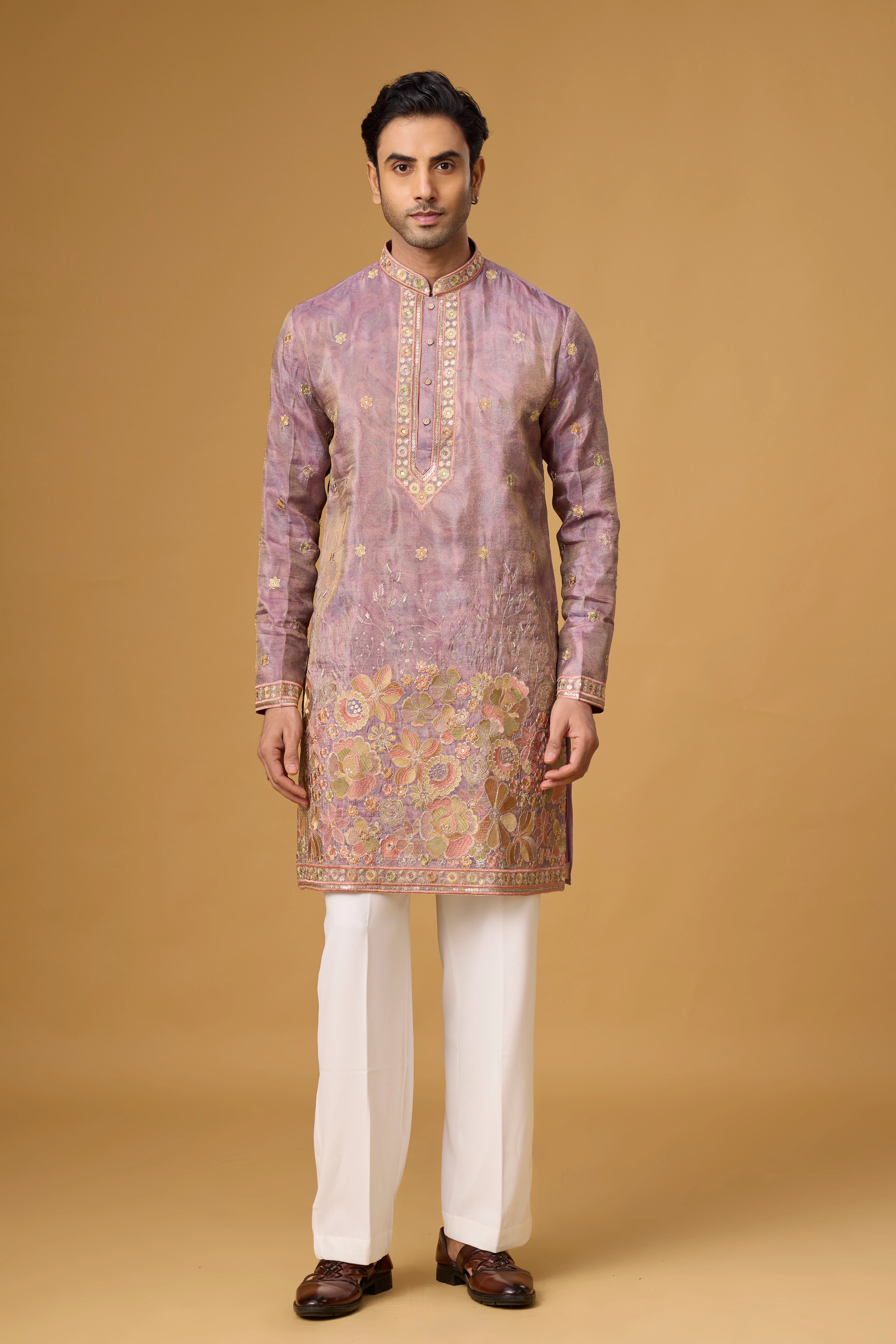 Mauve Regal Floral Embroidered Kurta with Stole