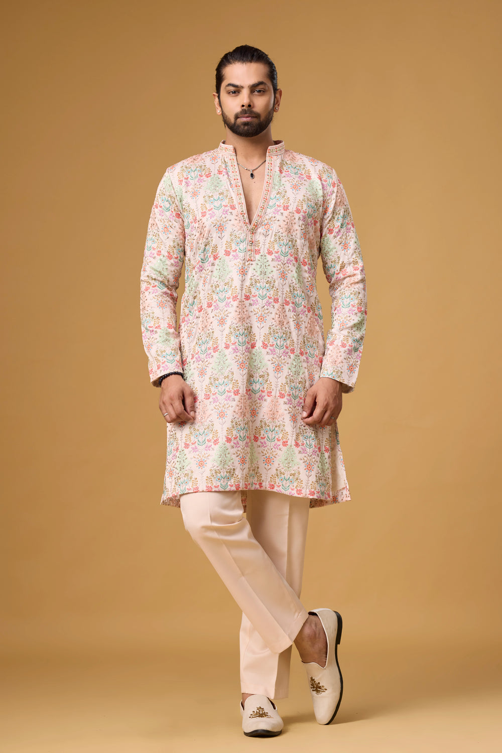 Blush Ivory Floral Garden Kurta Set for Men | Mahavir NX