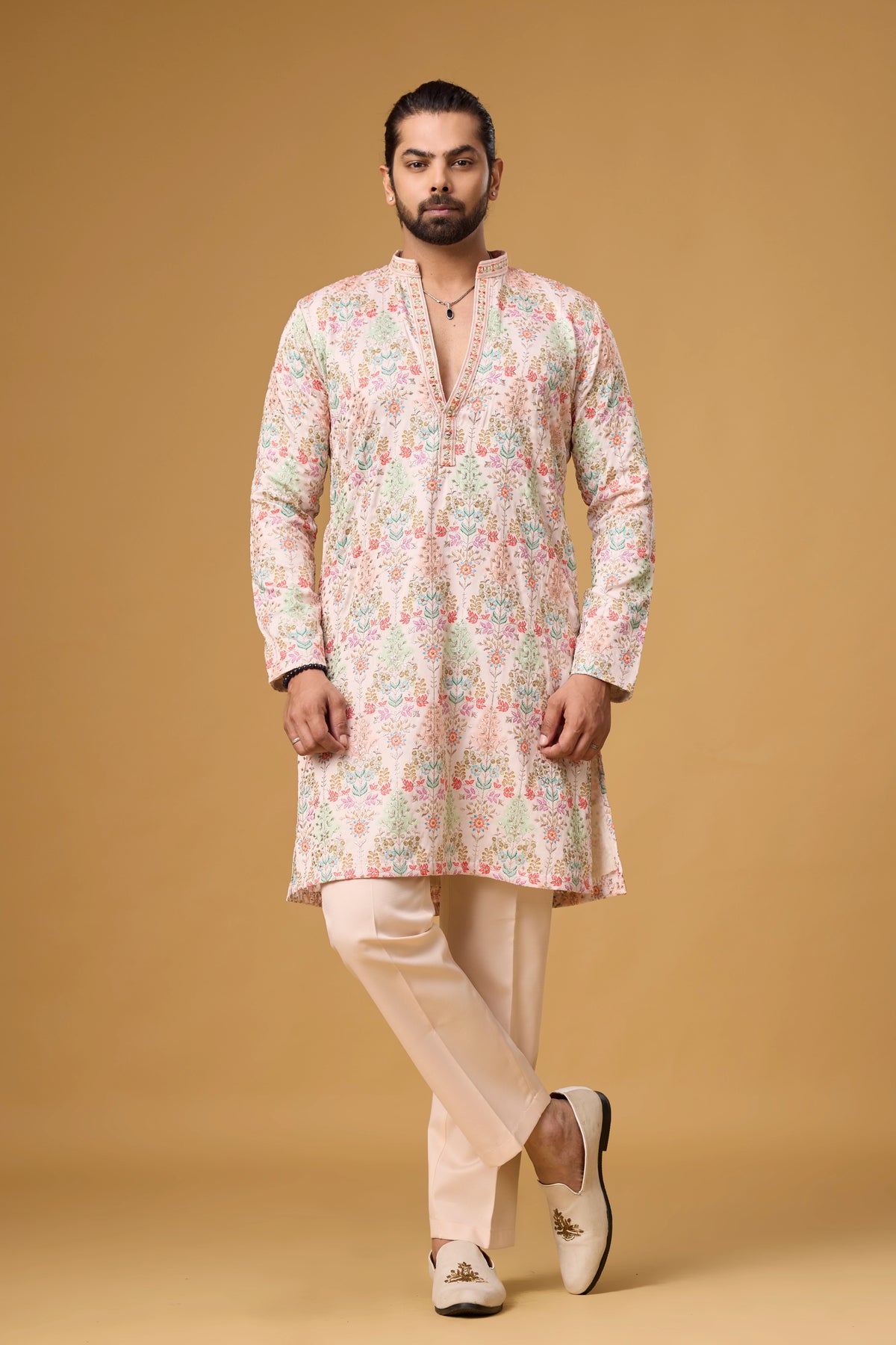 Blush Ivory Floral Garden Kurta Set for Men | Mahavir NX