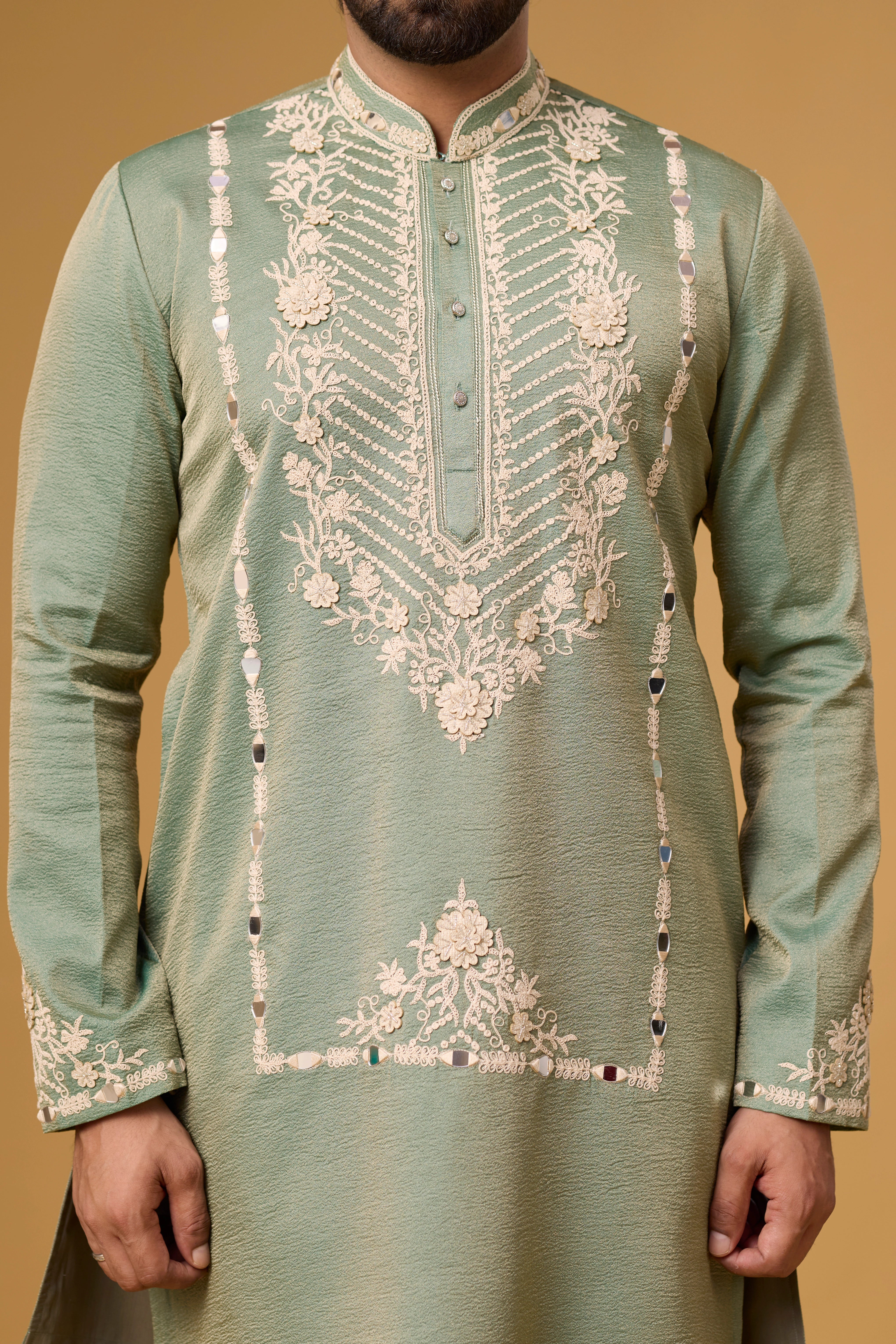 Green Floral Embroidered Ethnic Kurta for Men – Side View | Mahavir NX