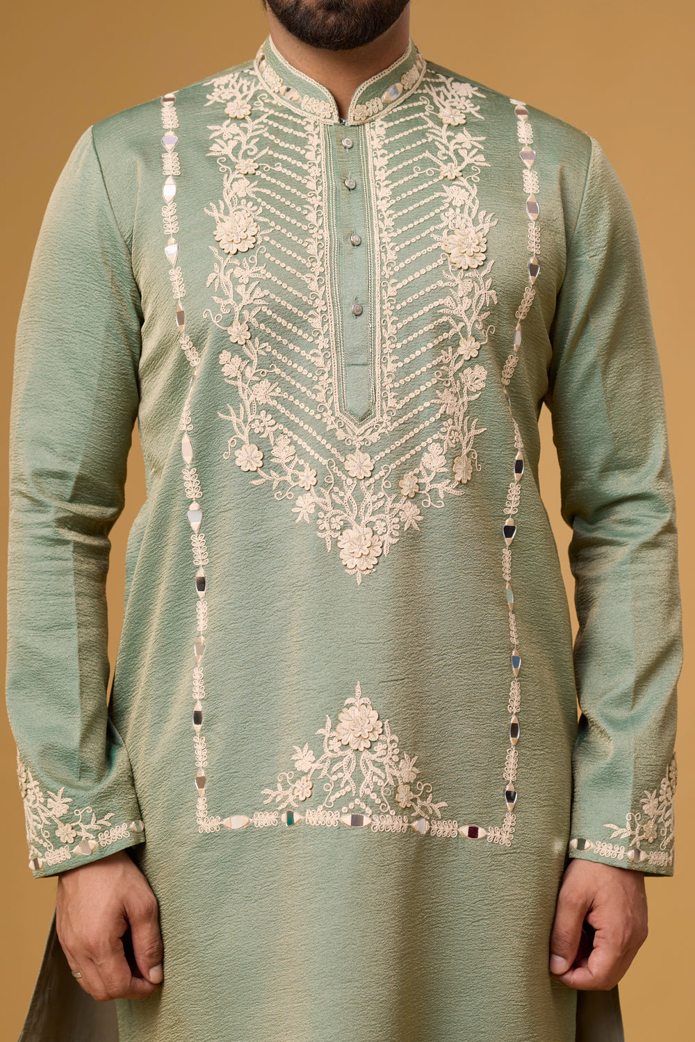 Green Floral Embroidered Ethnic Kurta for Men – Side View | Mahavir NX