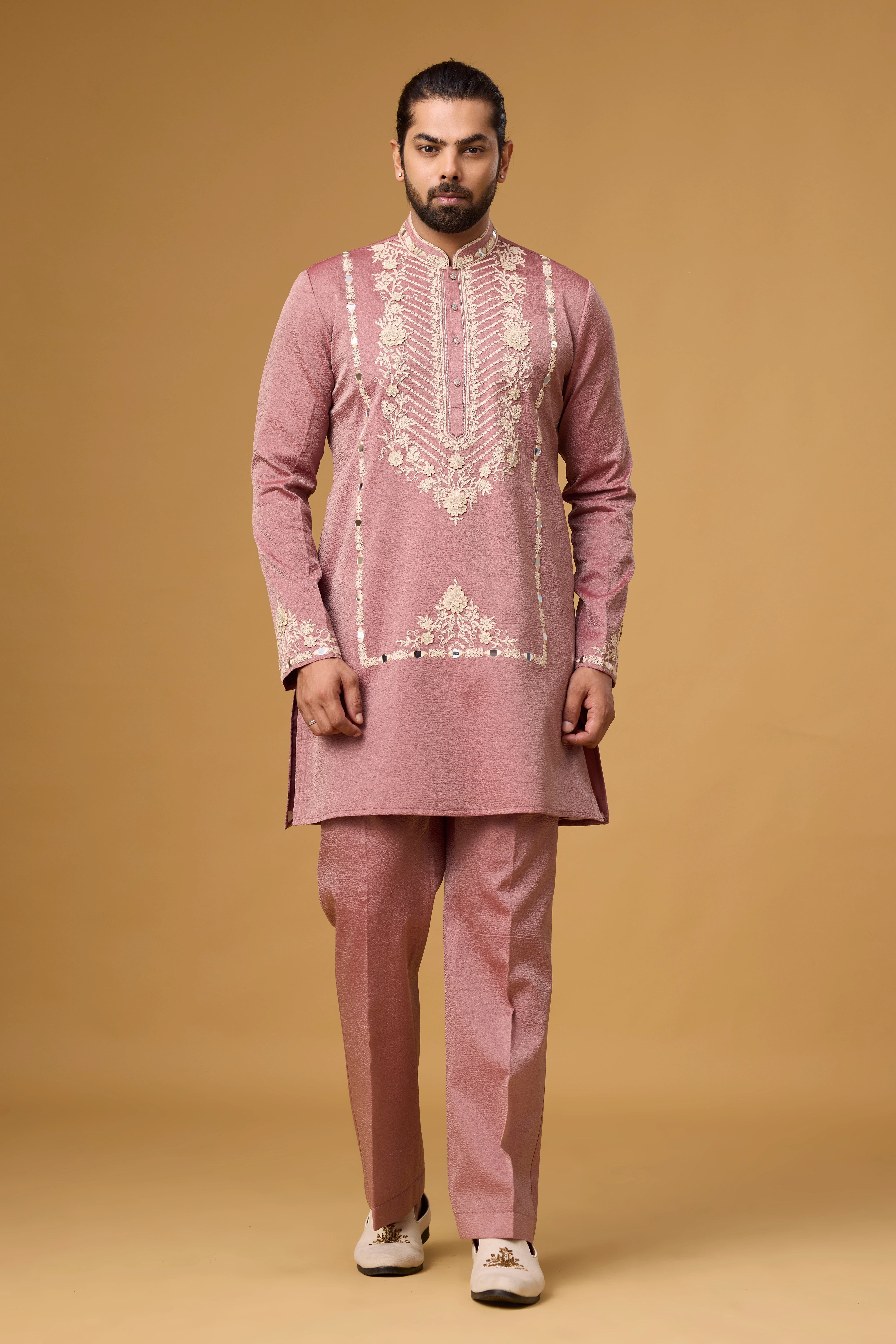 Dusty Rose Heritage Floral Embroidered Kurta Set for Men | Mahavir NX