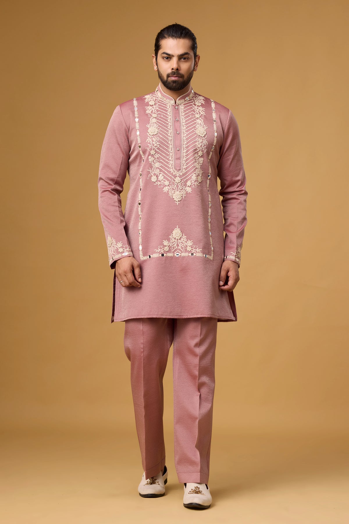 Dusty Rose Heritage Floral Embroidered Kurta Set for Men | Mahavir NX