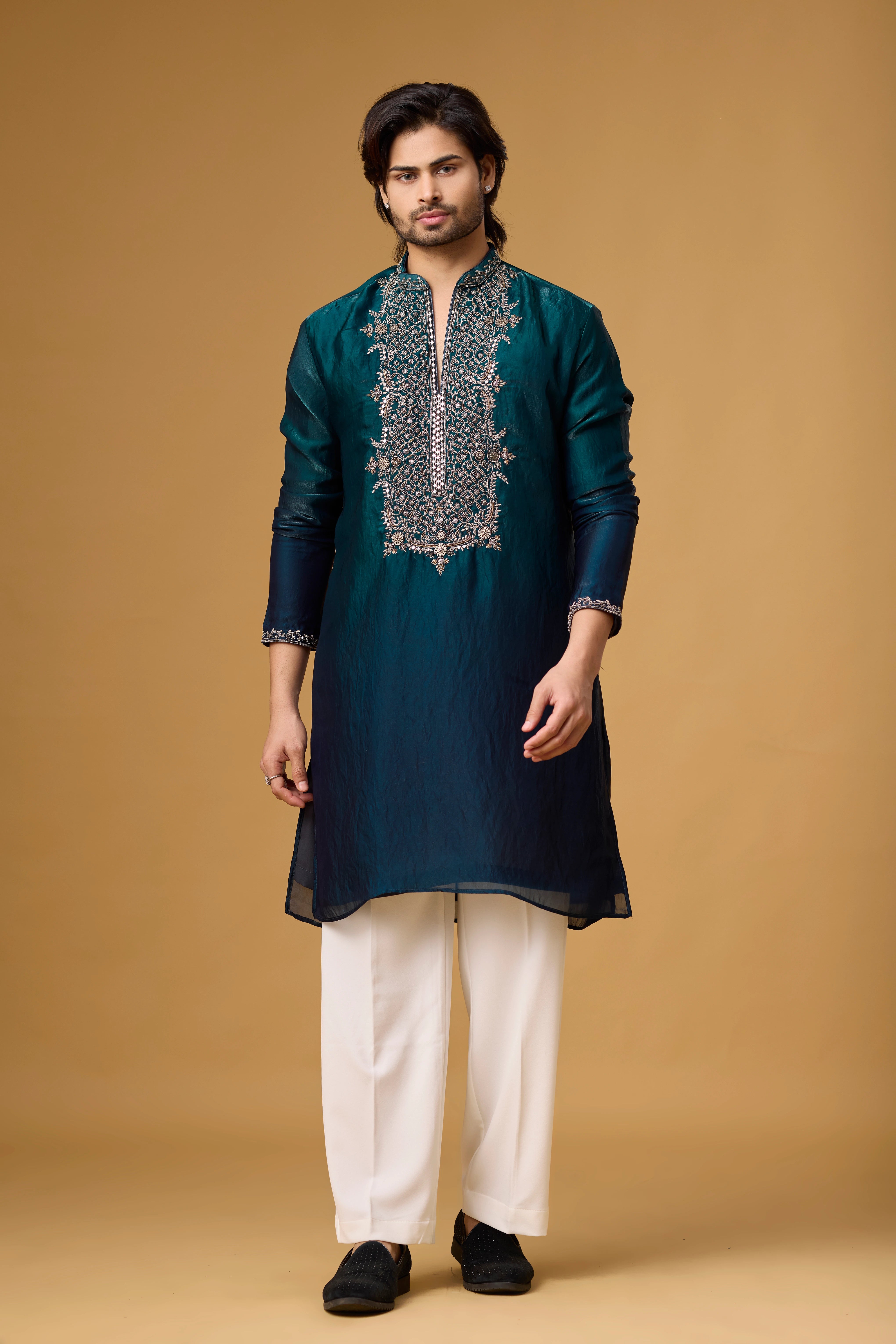 Midnight Teal Heritage Embroidered Kurta Set