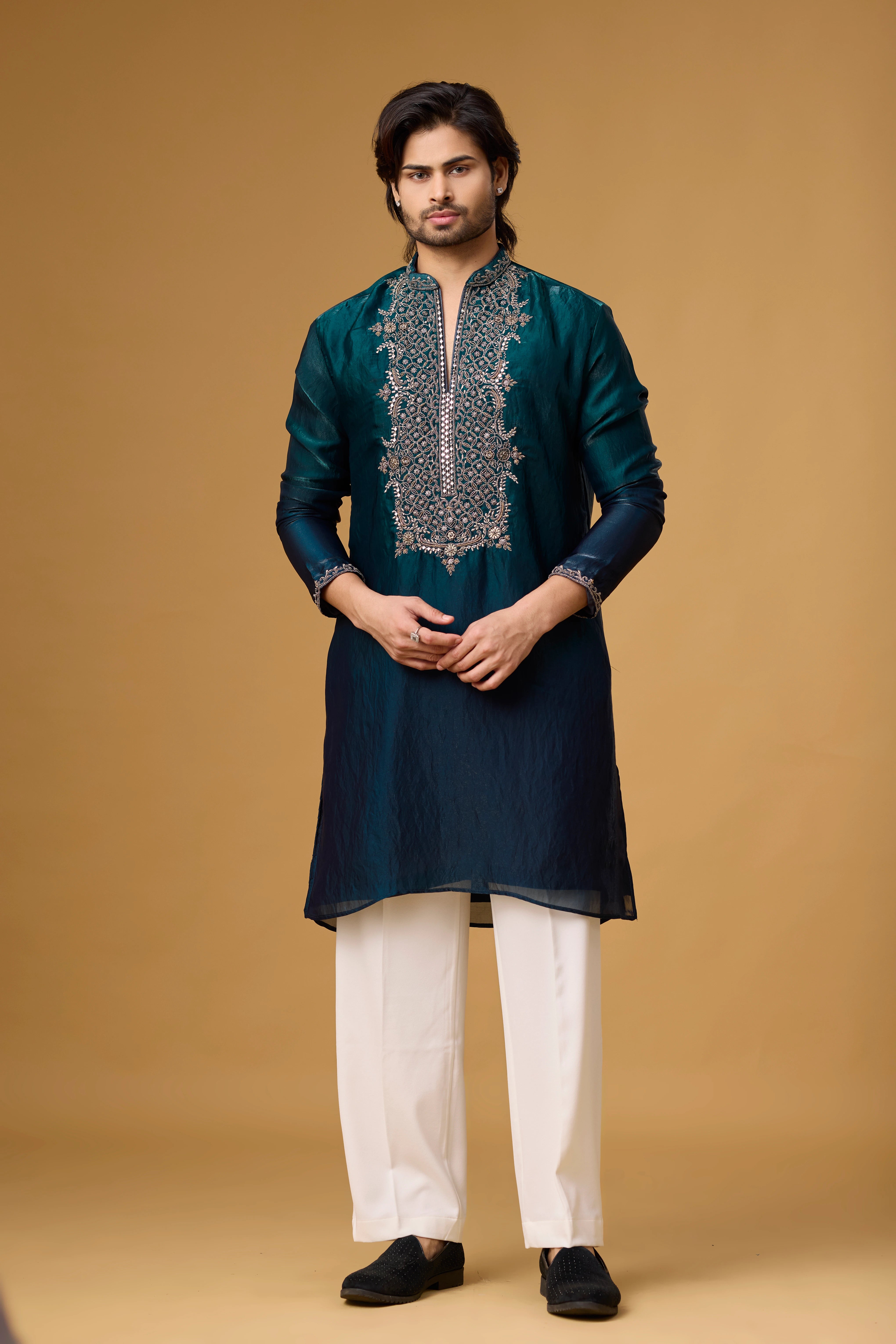 Midnight Teal Heritage Embroidered Kurta Set
