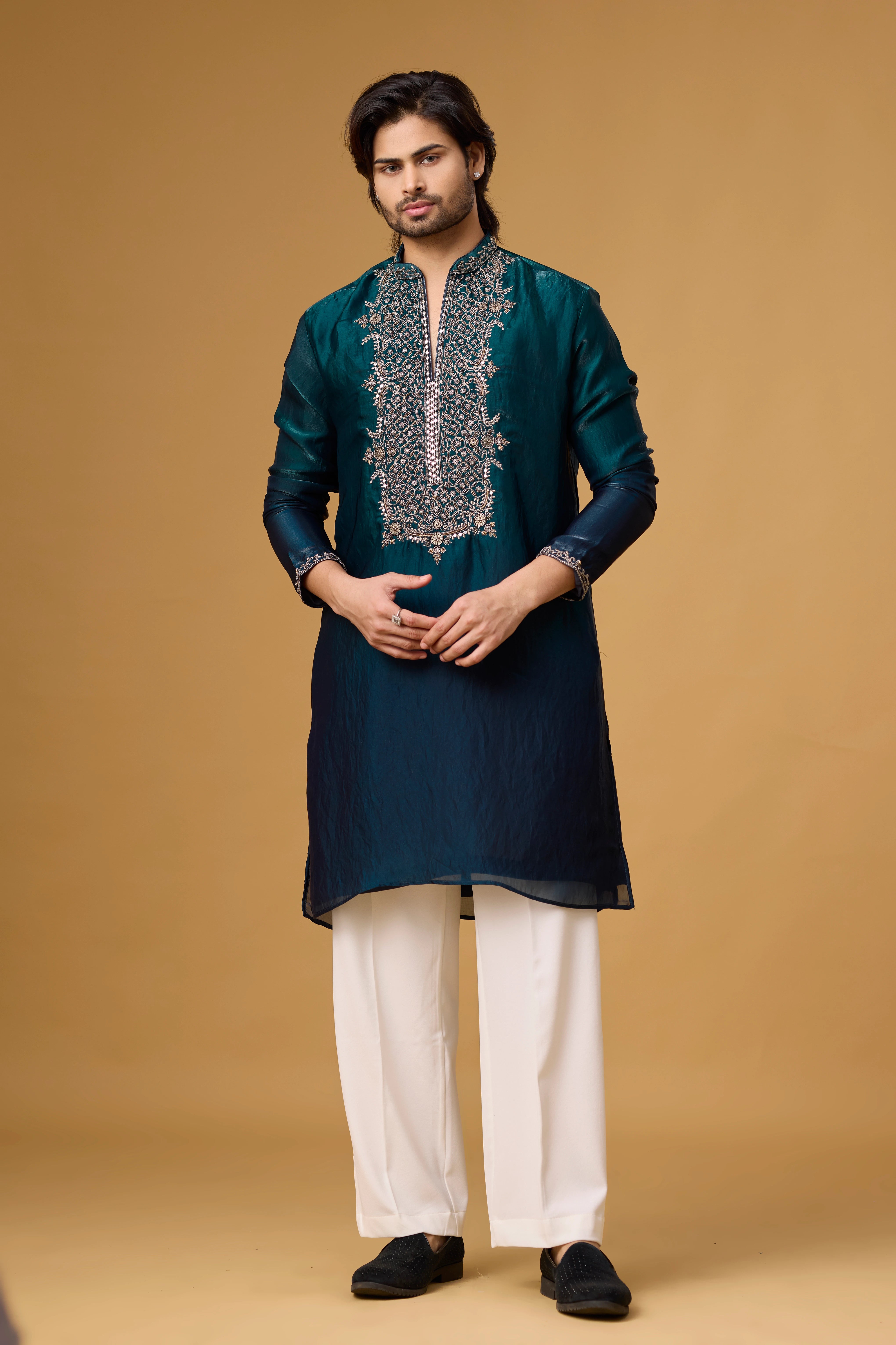 Midnight Teal Heritage Embroidered Kurta Set