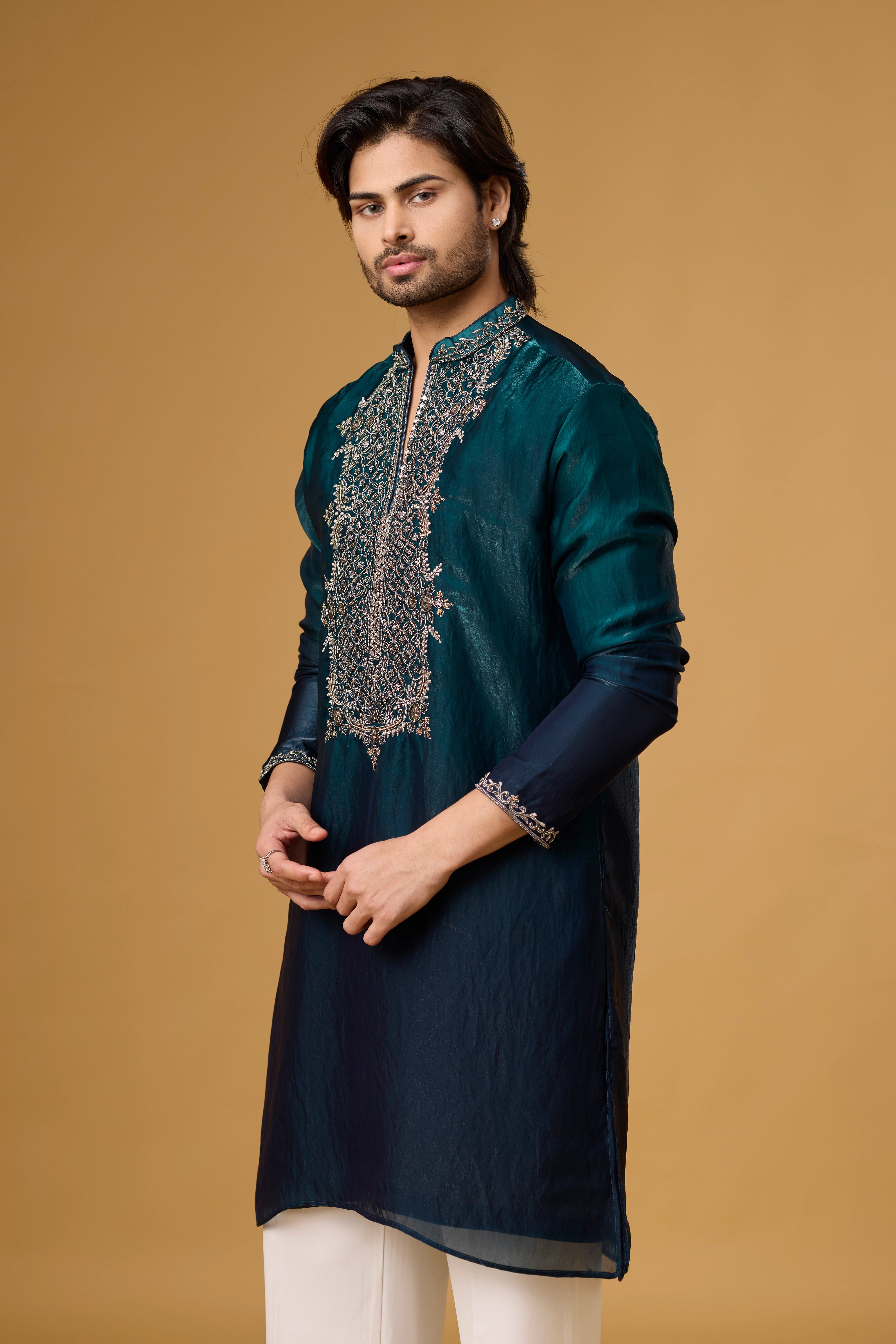 Midnight Teal Heritage Embroidered Kurta Set