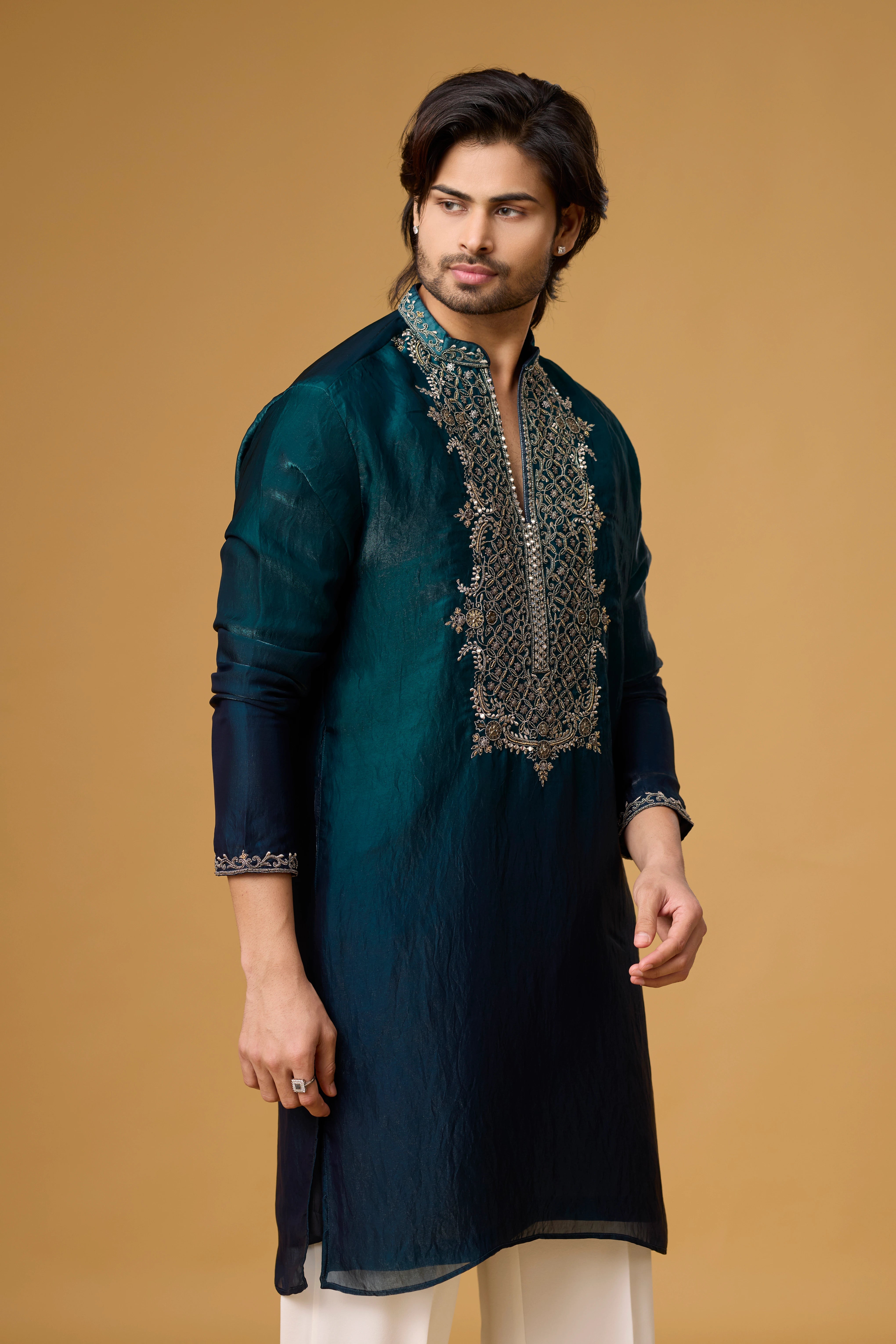 Midnight Teal Heritage Embroidered Kurta Set