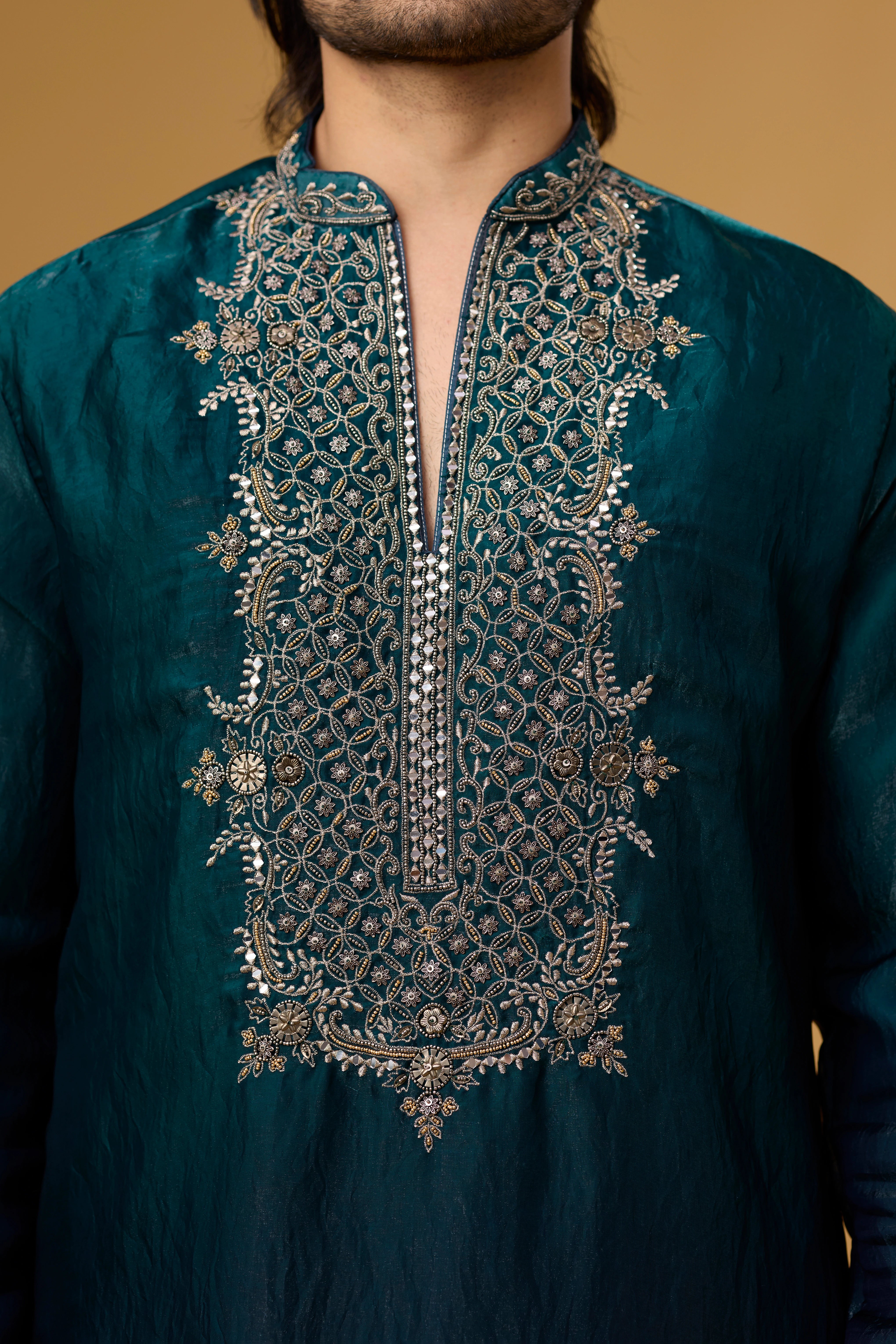 Midnight Teal Heritage Embroidered Kurta Set