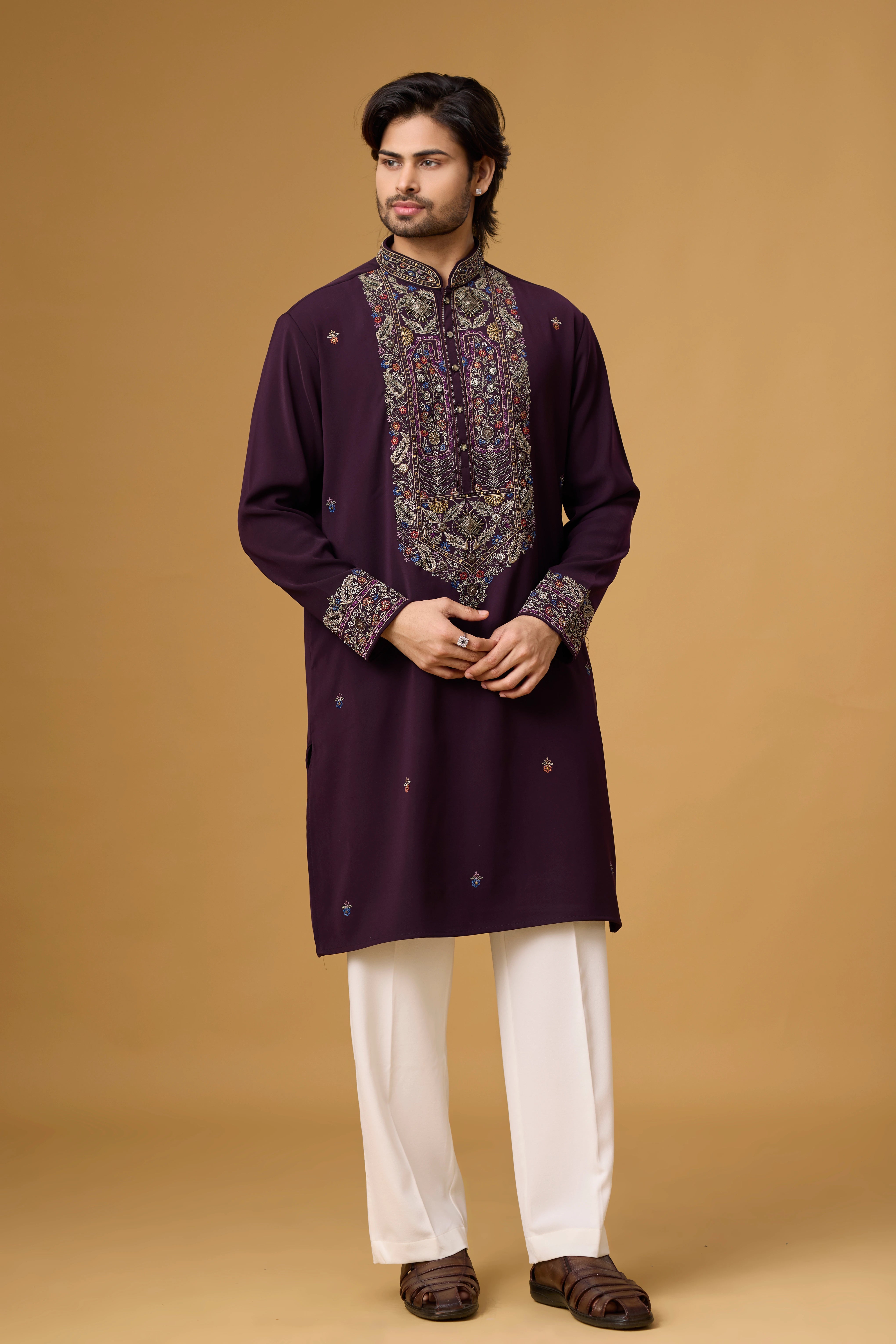 Regal Plum Heritage Embroidered Kurta Set